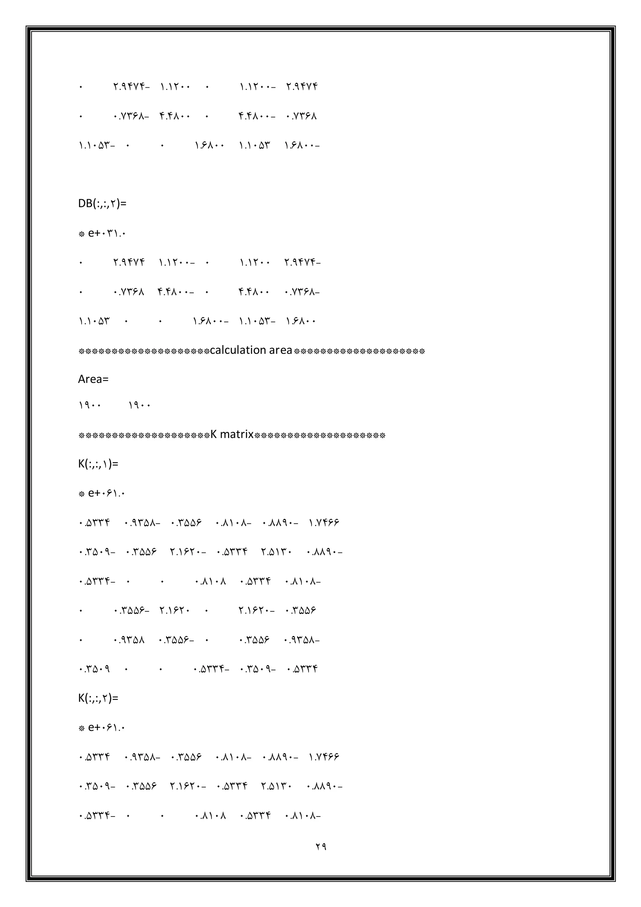 29
1.8070-1.114441.1144-1.80704
4.7369-0.094440.0944-4.73694
-1.69441.14931.694444-1.1493
DB(:,:,1)=
1.4e+43*
-1.80701.11444-1.11441.80704
-4.73690.09444-0.09444.73694
1.6944-1.1493-1.6944441.1493
********************calculation area********************
Area=
18441844
********************K matrix********************
K(:,:,1)=
1.4e+46*
1.7066-4.9984-4.91494.3996-4.83994.9330
-4.99841.91344.9330-1.16144.3996-4.3948
-4.91494.93304.914944-4.9330
4.3996-1.161441.1614-4.39964
-4.83994.39964-4.39964.83994
4.9330-4.3948-4.9330444.3948
K(:,:,1)=
1.4e+46*
1.7066-4.9984-4.91494.3996-4.83994.9330
-4.99841.91344.9330-1.16144.3996-4.3948
-4.91494.93304.914944-4.9330
 