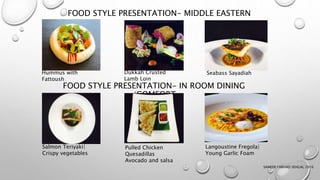 FOOD STYLE PRESENTATION- MIDDLE EASTERN
Hummus with
Fattoush
SAMEER FARHAD SEHGAL 2016
FOOD STYLE PRESENTATION- IN ROOM DINING
/COMFORT
Seabass SayadiahDukkah Crusted
Lamb Loin
Salmon Teriyaki|
Crispy vegetables
Pulled Chicken
Quesadillas
Avocado and salsa
Langoustine Fregola|
Young Garlic Foam
 
