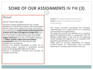 SOME OF OUR ASSIGNMENTS IN PM (3)
12
Manuel
Senior Project Manager
Manuel is a Senior professional that has 14 years
experience in the Finance industry. After having spent
the first 5 years of his career in Custody, he has since
then worked in the Funds Industry performing Business
Analysis and Project Management assignments. As a
French national having studied in the USA, Manuel
has a very good command of spoken and written
English and French. He is also comfortable working in
an Italian, Spanish, Indian and even Chinese
environment thanks to his international work
experience in Hong Kong.
Manuel has recently completed a major TA on-
boarding project resulting in additional annual
revenue exceeding €40 million for his client.
Manuel is extremely focused and possess an
excellent work ethic.
Project: TA Reporting Enhancements
Client: Major Fund Service Provider,
Luxembourg
The scope includes managing the strategic
implementation of a single source of TA reporting
cross-locations and applications.
The objectives include the definition of a consistent
global TA reporting solution in coordination with the
different stakeholders, in line with the TA operating
model strategy and objectives, and compliant with
regulatory specifications of locations.
Single point of contact responsible for regular
communication to stakeholders and accurate
reporting to the project governance instances.
 