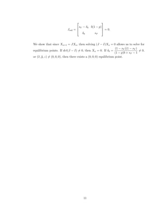 Jsub =



sY − δ0 b(1 − p)
δ0 sF


 = 0.
We show that since Xn+1 = JXn, then solving (J − I)Xn = 0 allows us to solve for
equilibrium points. If det(J − I) = 0, then Xn = 0. If δ0 =
(1 − sF )(1 − sY )
(1 − p)b + sF − 1
= 0,
or (x, y, z) = (0, 0, 0), then there exists a (0, 0, 0) equilibrium point.
11
 