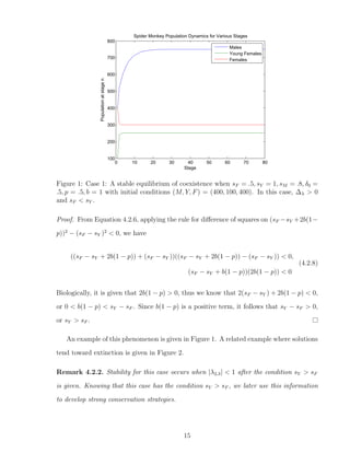 0 10 20 30 40 50 60 70 80
100
200
300
400
500
600
700
800
Stage
Populationatstagen
Spider Monkey Population Dynamics for Various Stages
Males
Young Females
Females
Figure 1: Case 1: A stable equilibrium of coexistence when sF = .5, sY = 1, sM = .8, δ0 =
.5, p = .5, b = 1 with initial conditions (M, Y, F) = (400, 100, 400). In this case, ∆λ > 0
and sF < sY .
Proof. From Equation 4.2.6, applying the rule for diﬀerence of squares on (sF −sY +2b(1−
p))2
− (sF − sY )2
< 0, we have
((sF − sY + 2b(1 − p)) + (sF − sY ))((sF − sY + 2b(1 − p)) − (sF − sY )) < 0,
(sF − sY + b(1 − p))(2b(1 − p)) < 0
(4.2.8)
Biologically, it is given that 2b(1 − p) > 0, thus we know that 2(sF − sY ) + 2b(1 − p) < 0,
or 0 < b(1 − p) < sY − sF . Since b(1 − p) is a positive term, it follows that sY − sF > 0,
or sY > sF .
An example of this phenomenon is given in Figure 1. A related example where solutions
tend toward extinction is given in Figure 2.
Remark 4.2.2. Stability for this case occurs when |λ2,3| < 1 after the condition sY > sF
is given. Knowing that this case has the condition sY > sF , we later use this information
to develop strong conservation strategies.
15
 