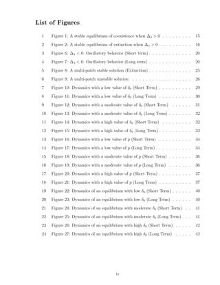 List of Figures
1 Figure 1: A stable equilibrium of coexistence when ∆λ > 0 . . . . . . . . . 15
2 Figure 2: A stable equilibrium of extinction when ∆λ > 0 . . . . . . . . . . 16
3 Figure 6: ∆λ < 0: Oscillatory behavior (Short term) . . . . . . . . . . . . . 20
4 Figure 7: ∆λ < 0: Oscillatory behavior (Long term) . . . . . . . . . . . . . 20
5 Figure 8: A multi-patch stable solution (Extinction) . . . . . . . . . . . . . 25
6 Figure 9: A multi-patch unstable solution . . . . . . . . . . . . . . . . . . 26
7 Figure 10: Dynamics with a low value of δ0 (Short Term) . . . . . . . . . . 29
8 Figure 11: Dynamics with a low value of δ0 (Long Term) . . . . . . . . . . 30
9 Figure 12: Dynamics with a moderate value of δ0 (Short Term) . . . . . . 31
10 Figure 13: Dynamics with a moderate value of δ0 (Long Term) . . . . . . . 32
11 Figure 14: Dynamics with a high value of δ0 (Short Term) . . . . . . . . . 32
12 Figure 15: Dynamics with a high value of δ0 (Long Term) . . . . . . . . . . 33
13 Figure 16: Dynamics with a low value of p (Short Term) . . . . . . . . . . 34
14 Figure 17: Dynamics with a low value of p (Long Term) . . . . . . . . . . . 34
15 Figure 18: Dynamics with a moderate value of p (Short Term) . . . . . . . 36
16 Figure 19: Dynamics with a moderate value of p (Long Term) . . . . . . . 36
17 Figure 20: Dynamics with a high value of p (Short Term) . . . . . . . . . . 37
18 Figure 21: Dynamics with a high value of p (Long Term) . . . . . . . . . . 37
19 Figure 22: Dynamics of an equilibrium with low δ0 (Short Term) . . . . . . 40
20 Figure 23: Dynamics of an equilibrium with low δ0 (Long Term) . . . . . . 40
21 Figure 24: Dynamics of an equilibrium with moderate δ0 (Short Term) . . 41
22 Figure 25: Dynamics of an equilibrium with moderate δ0 (Long Term) . . . 41
23 Figure 26: Dynamics of an equilibrium with high δ0 (Short Term) . . . . . 42
24 Figure 27: Dynamics of an equilibrium with high δ0 (Long Term) . . . . . 42
iv
 