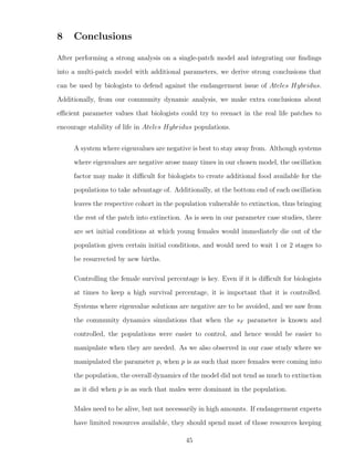 8 Conclusions
After performing a strong analysis on a single-patch model and integrating our ﬁndings
into a multi-patch model with additional parameters, we derive strong conclusions that
can be used by biologists to defend against the endangerment issue of Ateles Hybridus.
Additionally, from our community dynamic analysis, we make extra conclusions about
eﬃcient parameter values that biologists could try to reenact in the real life patches to
encourage stability of life in Ateles Hybridus populations.
A system where eigenvalues are negative is best to stay away from. Although systems
where eigenvalues are negative arose many times in our chosen model, the oscillation
factor may make it diﬃcult for biologists to create additional food available for the
populations to take advantage of. Additionally, at the bottom end of each oscillation
leaves the respective cohort in the population vulnerable to extinction, thus bringing
the rest of the patch into extinction. As is seen in our parameter case studies, there
are set initial conditions at which young females would immediately die out of the
population given certain initial conditions, and would need to wait 1 or 2 stages to
be resurrected by new births.
Controlling the female survival percentage is key. Even if it is diﬃcult for biologists
at times to keep a high survival percentage, it is important that it is controlled.
Systems where eigenvalue solutions are negative are to be avoided, and we saw from
the community dynamics simulations that when the sF parameter is known and
controlled, the populations were easier to control, and hence would be easier to
manipulate when they are needed. As we also observed in our case study where we
manipulated the parameter p, when p is as such that more females were coming into
the population, the overall dynamics of the model did not tend as much to extinction
as it did when p is as such that males were dominant in the population.
Males need to be alive, but not necessarily in high amounts. If endangerment experts
have limited resources available, they should spend most of those resources keeping
45
 
