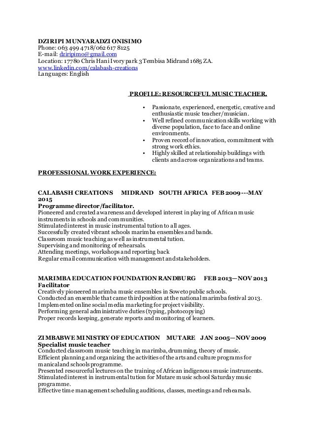 dziripi munyaradzi onisimo music teacher resume 2015 resume creations