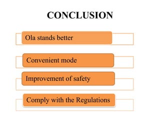 CONCLUSION
Ola stands better
Convenient mode
Improvement of safety
Comply with the Regulations
 