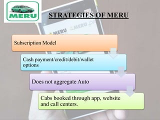STRATEGIES OF MERU
Subscription Model
Cash payment/credit/debit/wallet
options
Does not aggregate Auto
Cabs booked through app, website
and call centers.
 