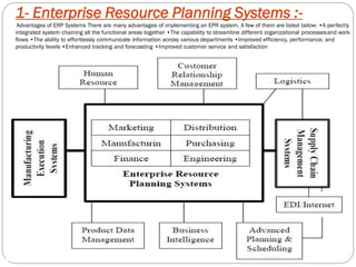 1- Enterprise Resource Planning Systems :-
Advantages of ERP Systems There are many advantages of implementing an EPR system. A few of them are listed below: •A perfectly
integrated system chaining all the functional areas together •The capability to streamline different organizational processesand work
flows •The ability to effortlessly communicate information across various departments •Improved efficiency, performance, and
productivity levels •Enhanced tracking and forecasting •Improved customer service and satisfaction
 