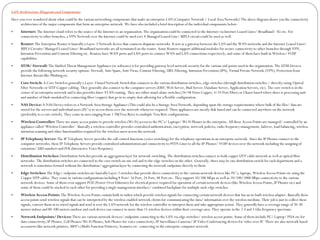 LAN Architecture Diagram and Components
Have you ever wondered about what could be the various networking components that make an enterprise LAN (Computer Network / Local Area Network)? The above diagram shows you the connectivity
architectureof the major components that form an enterprise network. We have also included a brief description of the individual components below:
 Internet: The Internet cloud refers to the source of the Internet to an organization.The organizationcould be connected to the Internet via Internet Leased Lines/ Broadband/ 3G etc. For
connectivity to other branches, a VPN Network over the Internet could be used (or) A Managed Leased Line/ MPLS circuit could be used as well.
 Router: The Enterprise Router is basicallya Layer-3 Network device that connects disparate networks. It acts as a gateway between the LAN and the WAN networks and the Internet Leased Lines/
MPLS Circuits/ Managed Leased Lines/ Broadband networks are all terminated on the router. Some Routers support additional modules for secure connectivity to other branches through VPN,
Intrusion Prevention and Content Filtering etc. Routers have WAN ports and LAN ports to connect WAN and LAN connections respectively, and some of them have built in Wireless/ VOIP
capabilities.
 UTM/ Firewall: The Unified Threat Management Appliance (or software) is for providing gateway level network security for the various end points used in the organization. The UTM Devices
provide the following network security options: Firewall, Anti-Spam, Anti-Virus, Content Filtering, URL Filtering, Intrusion Prevention (IPS), Virtual Private Network (VPN), Protection from
Internet threats like Phishingetc.
 Core Switch: A Core Switch is generally a Layer-3 based Network Switch that connects to the various distribution switches, edge switches (through distributionswitches / directly) using Optical
Fiber Networks or UTP Copper cabling. They generally also connect to the computer servers (ERP, Web Server, Mail Server, Database Server, ApplicationServers, etc). The core switch is in the
center of an enterprise network and it also provides Inter-VLAN routing. They are either stand-alone switches (24/48 Ports Copper, 4/24 Port Fiber) or Chassi-based where there is processing unit
and number of blade modules(For connecting fiber/copper) that go in to empty slots allowing for a flexible configuration.
 NAS Device: A NAS Device refers to a Network Area Storage Appliance(This could also be a Storage Area Network, depending upon the storage requirements) where bulk of the files/ data are
stored for the servers and individual users (PC’s) to access them over the network whenever required. These appliances are mostly disk based and can be connected anywhere on the network
(preferably to a core switch). They come in sizes ranging from 1 TB(Tera Byte) to multiple Tera Byte configurations.
 Wireless Controller: There are many access points to provide wireless (Wi-Fi) access to the PC’s/ Laptops/ Wi-Fi Phones in the enterprise. All these Access Points are managed/ controlled by an
appliance called ‘Wireless Controller’. Basically a wireless controller provides centralizedauthentication, encryption, network policies, radio frequency management, failover, load balancing, wireless
intrusion scanning and other functionalities required for the wireless users across the network.
 IP Telephony Server: The IP Telephony Server provides the call control functions (voice switching) for the telephony operations in an enterprise network. Since the IP Phones connect to the
computer networks, these IP Telephony Servers provide centralized administrationand connectivity to PSTN Lines to all the IP Phones/ VOIP devices over the network including the assigning of
extension/ DID numbers and IVR (Interactive Voice Response).
 Distribution Switches: Distribution Switches provide an aggregationlayer for network switching.The distribution switches connect to both copper UTP cable network as well as optical fiber
networks. The distributionswitches are connected to the core switch on one end and to the edge switches on the other. Generally, there may be one distribution switch for each department and a
network is sometimes formed without the distribution/ aggregationlayer by connecting the network endpoints directly to them.
 Edge Switches: The Edge/ endpoint switches are basicallyLayer-2 switches that provide direct connectivity to the various network devices like PC’s, laptops, Wireless Access Points etc using the
Copper UTP cables. They come in various configurations including 8 Port/ 16 Port, 24 Port, 48 Port etc. They support 10/100 Mbps as well as 10/100/1000 Mbps connectivity to the various
network devices. Some of them even support POE (Power Over Ethernet) for electrical power required for operation of certain network devices (like Wireless Access Points, IP Phones etc) and
some of them could be stacked to each other for providing a single management interface/ combined backplane for multiple such edge switches.
 Wireless Access Points: The Wireless Access Points contain built in radios which provide wireless signals for connecting certain network devices that has an in-built wireless adapter. Basically these
access points send wireless signals that can be interpreted by the wireless enabled network clients for communicating the data/ information over the wireless medium. Their job is just to collect these
signals, convert them in to wired signals and send it over the LAN network for the wireless controller to interpret them and take appropriate action. They generally have a coverage range of 20-30
meters indoor and 80-100 meters outdoor and each device can connect to more than 15 wireless devices within their coverage area. They operate in the 2.4 and 5 Ghz frequency spectrum.
 Network Endpoints/ Devices: There are various network devices/ endpoints connecting to the LAN via edge switches/ wireless access points. Some of them include PC/ Laptop/ PDA etc for
data connectivity,IP Phones, Cell Phones/Wi-Fi Phones, Soft Phones for voice connectivity, IP SurveillanceCameras/ IP Video Conferencing devices for video over IP. There are also network based
accessories like network printers, MFP’s (Multi-Function Printers), Scanners etc. connecting to the enterprise computer network.
 
