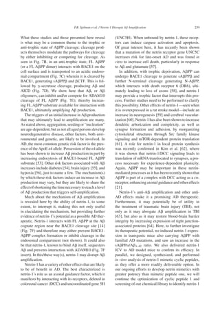 P.R. Spilman et al. / Netrin-1 Disrupts Aβ Ampliﬁcation 239
What these studies and those presented here reveal
is what may be a common theme to the trophic or
anti-trophic state of A␤PP cleavage: cleavage prod-
ucts themselves modulate the pathways for cleavage
by either inhibiting or competing for cleavage. As
seen in Fig. 7B, in an anti-trophic state, FL A␤PP
(or a FL A␤PP dimer) interacts with BACE1 on the
cell surface and is transported to an acidic endoso-
mal compartment (Fig. 7C) wherein it is cleaved by
BACE1, generating sA␤PP␤ and ␤CTF. This is fol-
lowed by ␥-secretase cleavage, producing A␤ and
AICD (Fig. 7D). We show here that A␤, or A␤
oligomers, can inhibit and/or compete for ADAM10
cleavage of FL A␤PP (Fig. 7E); thereby increas-
ing FL A␤PP substrate available for interaction with
BACE1, ultimately amplifying A␤ production.
The triggers of an initial increase in A␤ production
that may ultimately lead to ampliﬁcation are many.
As stated above, aggregation, seeding or “nucleation”
areage-dependent,butasnotallagedpersonsdevelop
neurodegenerative disease, other factors, both envi-
ronmental and genetic, are likely to be involved. In
AD, the most common genetic risk factor is the pres-
ence of the ApoE ␧4 allele. Possession of the ␧4 allele
has been shown to increase A␤ production in part by
increasing endocytosis of BACE1-bound FL A␤PP
substrate [53]. Other risk factors associated with A␤
increases include diabetes [54], brain injury [55], and
hypoxia [56], just to name a few. The mechanism(s)
by which these risk factors induce an increase in A␤
production may vary, but they are likely to share the
effect of shortening the time necessary to reach a level
of A␤ production that triggers self-ampliﬁcation.
Much about the mechanism of A␤ ampliﬁcation
is revealed here by the ability of netrin-1, to some
extent, to interrupt it, making this not only useful
in elucidating the mechanism, but providing further
evidence of netrin-1’s potential as a possible AD ther-
apeutic. Netrin-1 interacts with FL A␤PP at the A␤
cognate region near the BACE1 cleavage site [14]
(Fig. 7F) and therefore may either prevent BACE1-
A␤PP complex formation or inhibit cleavage in the
endosomal compartment (not shown). It could also
be that netrin-1, known to bind A␤ itself, sequesters
A␤ and prevents interaction with ADAM10 (Fig. 7F
insert). In this/these way(s), netrin-1 may disrupt A␤
ampliﬁcation.
Netrin-1 has a variety of other effects that are likely
to be of beneﬁt in AD. The best characterized is
netrin-1’s role as an axonal guidance factor, which it
manifests by interacting with its receptors, deleted in
colorectal cancer (DCC) and uncoordinated gene 5H
(UNC5H). When unbound by netrin-1, these recep-
tors can induce caspase activation and apoptosis.
Of great interest here, it has recently been shown
that a mutation of the netrin receptor gene UNC5C
increases risk for late-onset AD and was found in
vitro to increase cell death, particularly in response
to A␤ and glutamate [57].
In addition, with trophic deprivation, A␤PP can
undergo BACE1 cleavage to generate sA␤PP␤ and
further N-terminal cleavage generating N-A␤PP,
which interacts with death receptor 6 (DR6), ulti-
mately leading to loss of axons [58], and netrin-1
may provide a trophic factor that interrupts this pro-
cess. Further studies need to be performed to clarify
this possibility. Other effects of netrin-1—seen when
it is overexpressed in a rat stroke model—include an
increase in neurogenesis [59] and cerebral vascular-
ization [60]. Netrin-1 has also been shown to increase
dendritic arborization and complexity, as well as
synapse formation and adhesion, by reorganizing
cytoskeletal structures through Src family kinase
signaling and mTOR-dependent protein translation
[61]. A role for netrin-1 in local protein synthesis
was recently conﬁrmed in Kim et al. [62], where
it was shown that netrin-1/DCC signaling leads to
translation of mRNA translocated to synapses, a pro-
cess necessary for experience-dependent plasticity.
Again, A␤PP may be important in these netrin-
mediated processes as it has been recently shown that
A␤PP is part of a complex with DCC acting as a co-
receptor, enhancing axonal guidance and other effects
[21].
Netrin-1’s anti-A␤ ampliﬁcation and other anti-
AD effects make it a promising AD therapeutic.
Furthermore, it may potentially be of utility in
the treatment of traumatic brain injury (TBI), not
only as it may abrogate A␤ ampliﬁcation in TBI
[63], but also as it may restore blood-brain barrier
integrity by increasing expression of tight junction-
associated proteins [64]. Here, to further investigate
its therapeutic potential, we induced netrin-1 expres-
sion in transgenic mice also carrying A␤PP with
familial AD mutations, and saw an increase in the
sA␤PP␣/A␤1-42 ratio. We also delivered netrin-1
ICV to AD model mice to conﬁrm its efﬁcacy. In
parallel, we designed, synthesized, and performed
in vitro analysis of netrin-1 mimetic cyclic peptides,
as they offer a more readily deliverable option. In
our ongoing efforts to develop netrin mimetics with
greater potency than mimetic peptide one, we will
continue the optimization of cyclic peptide 1 and
screening of our chemical library to identify netrin-1
 