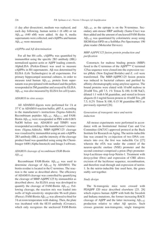 226 P.R. Spilman et al. / Netrin-1 Disrupts Aβ Ampliﬁcation
(1 day after dissection), medium was replaced, and
each day following, human netrin-1 (6 nM) or rat
A␤1-40 (440 nM) were added. At day 8, media
supernatants were collected, and sA␤PP␣ and human
A␤1-42 were measured.
sAβPPα and Aβ determination
For all but H4 cells, sA␤PP␣ was quantiﬁed by
immunoblot using the speciﬁc 2B3 antibody (IBL)
normalized against actin or A␤PP loading controls.
AlphaLISA (Perkin-Elmer) was used to measure
sA␤PP␣ in H4 supernatents. A␤ was determined by
ELISA (Life Technologies) in all experiments. For
primary hippocampal neuronal cultures, in order to
measure total human A␤1-42, protein from super-
natantswasprecipitatedwithmethanolandthepellets
resuspended in 5M guanidine and assayed by ELISA.
A␤1-42 was also measured by ELISA for cell lysates.
ADAM10 in vitro assays
All ADAM10 digests were performed for 1 h at
37◦C in ADAM10 reaction buffer, pH7.4, according
to the manufacturer’s instructions (Sigma-Aldrich).
Recombinant peptides A␤1-42, A␤42-1, and FAM-
Biotin A␤1-42 were resuspended in PBS with 0.06%
NaOH before use. ADAM10 and TIMP1 were
resuspended according to the manufacturer’s instruc-
tions (Sigma-Aldrich). MBP-A␤PPC125 cleavage
was visualized by immunoblot using an anti-sA␤PP␣
2B3 antibody (IBL), and the intensity of the cleavage
product band was quantiﬁed using using the Chemi-
Imager 4400 (Alpha Innotech) and Image J software.
ADAM10 cleavage of recombinant FAM-Biotin
Aβ1-42
Recombinant FAM-Biotin A␤1-42 was used to
determine cleavage of A␤1-42 by ADAM10. The
biotin residue is located in the C-terminus. The reac-
tion is the same as described above. The efﬁciency
of ADAM10 cleavage was controlled by quantifying
the cleavage of MBP-A␤PPC125 by immunoblot as
described above. An ELISA assay was developed to
quantify the cleavage of FAM-Biotin A␤1-42. Fol-
lowing cleavage, the reaction mix was loaded into
wells of high-sensitivity streptavidin 96-well plates
(Pierce). FAM-Biotin A␤1-42 was allowed to bind for
3 h at room temperature with shaking. Then, the plate
was incubated with the 6E10 antibody (Covance),
which only recognizes the uncleaved FAM-Biotin
A␤1-42, as the epitope is on the N-terminus. Sec-
ondary anti-mouse HRP antibody (Santa Cruz) was
then added and the amount of uncleaved FAM-Biotin
A␤1-42 was quantitated by colorimetric assay using
SIGMAfast OPD on a SoftMax Pro Spectramax 190
plate reader (Molecular Devices).
MBP-AβPPC125 fusion protein production and
puriﬁcation
Constructs for maltose binding protein (MBP)
fused to the C-terminus of the A␤PPSwe C-terminal
125aa sequence were cloned into the expression vec-
tor pMalc (New England Biolabs) and E. coli were
transformed. The MBP-A␤PPC125 fusion protein
was induced in bacterial cultures and puriﬁed by
afﬁnity chromatography using amylose-agarose. The
bound proteins were eluted with 10 mM maltose in
20 mM Tris, pH 7.5, 1% Triton X-100, 0.1M NaCl,
diluted 1:1 with 6 M guanidine, and stored in frozen
aliquots (0.1 mg/ml fusion protein in 10 mM Tris, pH
7.5, 0.2% Triton X-100, 0.15 M guanidine-HCl) as
previously reported [26].
Generation of transgenic mice and netrin
induction
All mouse experiments were performed in accor-
dance with an Institutional Animal Care and Use
Committee (IACUC) approved protocol at the Buck
Institute for Research on Aging. The netrin-inducible
line was created by co-injection of two DNA con-
structs into ova; the ﬁrst was inducible Cre [27]
wherein the rtTA was under the control of the
neuron-speciﬁc enolase (NSE) promoter and the
second construct comprised a prion (Prp) promoter-
loxp-Luciferase-stop-loxp-Netrin-1. Treatment with
doxycycline (Dox) and expression of CRE allows
excision of the luciferase sequence, recombination,
and therefore read-through and expression of netrin-
1. In the netrin-inducible line used here, the genes
stably sort together.
Study design
The bi-transgenic mice were crossed with
PDA␤PP J20 mice described elsewhere [25, 28]
which express human A␤PP with both the Swedish
and Indiana mutations, the former increasing BACE
cleavage of A␤PP and the latter increasing A␤1-42
production relative to other A␤ species. Such
crosses generate non-transgenic, single transgenic
 