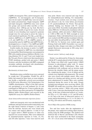 P.R. Spilman et al. / Netrin-1 Disrupts Aβ Ampliﬁcation 227
(A␤PP), bi-transgenic (Net), and tri-transgenic mice
(A␤PP/Net). As non-transgenic and bi-transgenic
mice do not express huA␤PP, they were not used in
the studies presented here. Single transgenic A␤PP
and triple transgenic (A␤PP/Net) mice were sorted
into groups and received either non-Dox or Dox-
containing chow (200 mg per kg food, Bio-Serv)
starting at two months of age for two weeks. Several
rounds of cross-breeding were required to generate
enough mice for each group to power the study to
reach statistical signiﬁcance. For A␤1-40 and A␤1-42
analysis,A␤PPdoxn = 9,A␤PP-Netdoxn = 9,A␤PP
n = 8, and A␤PP-Net n = 9. In sA␤PP␣ analysis, n
remained the same for A␤PP dox and A␤PP-Net dox,
but dropped in to n = 6 and n = 7 for A␤PP and A␤PP-
Net, respectively as very low outliers were removed.
In pilot studies, the increase in netrin-1 in A␤PP-
Net dox as compared to A␤PP dox was determined
by immunoblot. Brain homogenates were prepared in
PBS with complete protease inhibitors (Roche). Lim-
iting dilutions (30, 15, and 7.5 ␮l) were loaded onto
Bis-Tris gels (Novex) which were then transferred to
PVDF membrane, probed with anti-netrin-1 (R&D
Systems), and after incubation with HRP-conjugated
secondary antibody, developed with chemilumnes-
cent substrate and exposed to ﬁlm.
Biochemistry in brain tissue
Hemibrains minus cerebellar tissue were sonicated
by weight into 5 M guanidine, 50 mM Tris, pH 8
buffer and rotated for three hours at room tempera-
ture. huA␤1-42 and huA␤1-40 levels were ascertained
by ELISA assay (Biosource, Life Technologies). For
sA␤PP␣ determination, 100 ␮l of the Gdn sonicate
was precipitated in ice-cold methanol for 4 h and
centrifuged at 5000 rpm for 15 min to pellet the pro-
teins. Proteins were then sonicated in 1X AlphaLISA
Hiblock buffer (Perkin-Elmer) and assessed in the
AlphaLISA assay for sA␤PP␣ (Perkin-Elmer).
Acute intracerebroventricular injection of mice
Adult non-transgenic mice were anesthetized with
isoﬂurane and injected intracerebroventricularly into
the right lateral ventricle at bregma 1.2 and 1 mm
from the mid-line. Incision sites were closed with
two sutures and surgical adhesive. A total of 5 ␮l
of 1 ␮g/␮l netrin-1 (R&D Systems) in saline was
injected over several minutes. Mice were euthanized
by ketamine/xylazine injection at 5 min, 1 h, 6 h,
and 24 h after injection; 3 mice were used for each
time point. Brains were removed and snap frozen
for immunoﬂuorescent labeling. For immunoﬂuo-
rescence, 14 ␮m sections were cut using a cryostat
and allowed to dry for 2 min before post-ﬁxation
in 4% paraformaldehyde for 30 min. Non-speciﬁc
antibody binding was blocked with 5% normal
goat serum (NGS, Vectorlabs) in phosphate buffered
saline (PBS) for 1 h followed by incubation with pri-
mary antibody, rabbit anti-netrin-1 (R&D Systems)
at 1:200 in PBS with 5% NGS overnight at room
temperature. Slides with labeled brain tissue sections
were washed with PBS and then incubated with don-
key anti-rabbit AlexaFluor488 at 1:200 in PBS with
5% NGS for 2 h. Sections were washed again and
Prolong Gold with DAPI (Vectorlabs) was used to
mount the slides. Images were taken on a Nikon 800
upright ﬂuorescent microscope at 20X using Act-1
imaging software.
Chronic netrin-1 delivery study design
Netrin-1 was delivered for 28 days by Alzet pump
with the ICV cannula placed in the left lateral ventri-
cle. Pumps were ﬁlled with 1 ␮g/␮l netrin-1 (R&D
Systems) in physiological saline with 1% mouse
serum albumin (MSA, Calbiochem). Mice were
anesthetized with isoﬂurane and an incision made
between the shoulder blades and the pump assem-
bly, comprising the pump, 1.4 cm of tubing and the
cannula were implanted subcutaneously. The wound
sites were closed with multiple sutures. Mice were
placed on a heating pad during recovery and anal-
gesia administered as needed. Mice were carefully
monitored during the course of the study. Groups
included non-transgenic mice receiving vehicle, J20
PDA␤PP AD model mice receiving vehicle and J20
mice receiving netrin-1. While each group started
with 12 mice, some mice died during the course of the
study. At the time of behavioral analysis at 2 weeks,
for NTg, n = 11, J20 vehicle, n = 11, and J20 netrin,
n = 10; and at the time of behavioral analysis at 4
weeks and for biochemistry, n = 11, n = 10, and n = 9,
for NTg, J20 vehicle and J20 netrin, respectively.
Novel Object Recognition (NOR) testing
Two and four weeks after the implantation of
the pumps, mice underwent working object memory
testing using the NOR paradigm. The method used
followed that of Bevins and Besheer [29] wherein
the mice were acclimated to the black rectangular
30 × 24 × 22 cm arena with bedding for 15 min/day
 