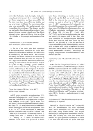 228 P.R. Spilman et al. / Netrin-1 Disrupts Aβ Ampliﬁcation
for two days before the study. During the study, mice
were placed in the arena with two identical objects
for 10 min (acquisition) and then removed for 1 h.
The mice were then exposed to one familiar and
one novel object for 10 min. The movements of the
mice were recorded by video and processed using
Noldus Ethovision software. The distance traveled
was analyzed by the software and the number of inter-
actions (the nose coming within 2 cm of the object)
with each object was scored by an observer of the
video blinded to the genotype and treatment of the
mice.
Determination of sAβPPα and Aβ in mouse
brain tissue after chronic delivery
At the end of the study, mice were euthanized
by ketamine/xylazine anesthesia and brains were
removed, halved down the mid-line, and snap frozen
on powdered dry ice. As the netrin-1 was delivered
unilaterally into the left ventricle in the chronic study,
the left hemibrains were processed and analyzed. To
make it possible to perform both immunoﬂuorescent
labeling of tissue sections and biochemical analysis
of sA␤PP␣ and A␤1-40 and A␤1-42 in the left brain,
frozen, unﬁxed tissue was cut coronally into 14 ␮m
sections, and starting at the emergence of the ven-
tricle nearest the olfactory bulb. Every 10th section
was mounted on a slide for immunoﬂuorescence and
an equal number of intervening sections placed in a
tube for biochemical analysis. For biochemical anal-
ysis, 100 ␮l of 5M guanidine buffer was added to the
tissue sections from the same bregma and sonicated.
The assays for sA␤PP␣ and A␤1-40 and A␤1-42 were
performed as described above.
Convection-enhanced delivery of an AAV2-
netrin-1-cmyc construct
AAV2 vectors containing complementary DNA
sequences for human netrin-1 (AAV2-netrin-1-cmyc)
under the control of the cytomegalovirus promoter
were packaged by the AAV Clinical Vector Core
at Children’s Hospital of Philadelphia as previously
described [30, 31]. AAV2-netrin-1-cmyc stocks were
diluted immediately before use to equivalent titers
of 1–1.2 × 1012 vector genomes/ml in phosphate-
buffered saline with 0.001% (vol/vol) Pluronic F-68.
Under surgical anesthesia [ketamine:xylazine (1:1);
2 ml/kg], three adult (>3 months of age) received
CED delivery of a CMV-AAV2-netrin1-cmyc
construct. Each mouse was placed in a stereo-
tactic frame (Stoelting), an incision made in the
skin overlying the skull and a hole made in the
skull at the infusion site. A custom-made silica
cannula was used to infuse 2 ␮l of AAV2-netrin1-
cmyc (1 × 1013 vector genomes/ml) unilaterally into
the right hippocampus by programmable microsy-
ringe pump (World Precision Instruments; ﬂow rate
0.5 ␮l/min; stereotactic coordinates from bregma:
AP –2 mm, ML +1.5 mm, DV –2 mm). After
CMV-AAV2-netrin1-cmyc administration, the scalp
was closed with sutures, and 30 days later mice
were euthanized by ketamine:xylazine anesthesia.
Brains were removed and snap frozen on pow-
dered dry ice, sectioned at 14 ␮m and post-ﬁxed in
4% paraformaldehyde for immunolabeling. Sections
were incubated with rabbit monoclonal anti-cmyc
antibodies(Abcam,ab32072)andafterwashing,anti-
rabbit Alexaﬂuor488 secondary. Microscopy and
imaging were performed as described above for acute
netrin-1 injection.
Treatment of CHO-7W cells with netrin cyclic
peptides
CHO-7W cells stably transfected with huA␤PPwt
and grown in Dulbecco’s Modiﬁed Eagle’s Medium
(DMEM) supplemented with 10% fetal bovine serum
and 1% penicillin-streptomycin, were seeded at
a density of 5 × 104 cells/well in 96-well plates
overnight and 24 h later, treated with netrin cyclic
peptides 1–6 at 1 ␮M. As the original stock solution
was in DMSO, both DMSO and no DMSO controls
were also run. After treatment for 24 h, cell media
were collected and assayed for sA␤PP␣ using the
Perkin-Elmer AlphaLISA and for A␤1-42 using Invit-
rogen’s ultrasensitive A␤1-42 ELISA kit according to
the manufacturer’s instructions. The ratio was cal-
culated by dividing the sA␤PP␣ reading in arbitrary
units (AU) by the A␤1-42 reading in pg/ml for indi-
vidual wells.
Determination of ERK phosphorylation by netrin
mimetic cyclic peptides
Deleted in colorectal cancer (DCC)-expressing
B103 rat neuroblastoma cells were transfected
with a vector expressing A␤PP (pcDNA3-human
A␤PP695wt) using Lipofectamine 2000 reagent
(Invitrogen) according to the manufacturer’s instruc-
tions. The following day, cells were treated with
netrin-1 and cyclic peptides at 150 ng/ml for 5 min.
Cells were then harvested and lysed, and equal
 