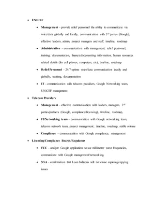 UNICEF
 Management – provide relief personnel the ability to communicate via
voice/data globally and locally, communication with 3rd parties (Google),
effective leaders, admin, project managers and staff, timeline, roadmap
 Administration – communication with management, relief personnel,
training; documentation, financial/accounting information, human resources
related details (for cell phones, computers, etc), timeline, roadmap
 Relief Personnel – 24/7 uptime voice/data communication locally and
globally, training, documentation
 IT – communication with telecom providers, Google Networking team,
UNICEF management
 Telecom Providers
 Management – effective communication with leaders, managers, 3rd
parties/partners (Google, compliance/licensing), timeline, roadmap,
 IT/Networking team – communication with Google networking team,
telecom network team, project management; timeline, roadmap, stable release
 Compliance – communication with Google compliance, management
 Licensing/Compliance Boards/Regulators
 FCC – analyze Google application to use millimeter wave frequencies,
communicate with Google management/networking,
 NSA – confirmation that Loon balloons will not cause espionage/spying
issues
 