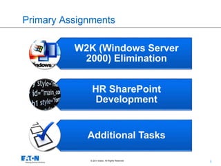 3© 2014 Eaton. All Rights Reserved..
Primary Assignments
W2K (Windows Server
2000) Elimination
HR SharePoint
Development
Additional Tasks
 