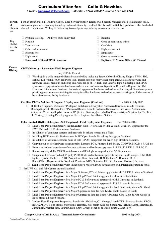 curriculum vitae service engineer field service engineer cv for it support