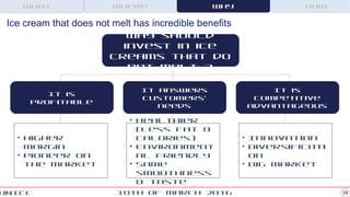 1618th of March 2016UNICC
HowWhere WhyWhat
Why should
invest in ice
creams that do
not melt ?
It is
profitable
It answers
customers’
needs
It is
competitive
advantageous
• Higher
margin
• Pioneer on
the market
• Healthier
(less fat &
calories)
• Environment
al friendly
• Same
smoothness
& taste
• Innovation
• Diversificati
on
• Big market
Ice cream that does not melt has incredible benefits
 