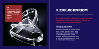 The service from Wheatley
Plastics has been excellent.
It has been a very flexible
and efficient company to
deal with.
Gavin Ford,
Instanta
“ FLEXIBLEANDRESPONSIVE
Our flexible approach enables us to respond quickly to
the changing needs of our customers, tailoring our
service to meet their individual needs.
HOW WE HELPED INSTANTA
When Instanta required an injection moulder
at short notice, Wheatley Plastics’ quick
response and fast turnaround ensured it
could continue production without
disruption. Wheatley Plastics holds stock
for Instanta with a flexible approach to call
off and a monthly delivery service.
WH3412/12/11Brochure Layout3_Layout 1 01/03/2012 10:49 Page 8
 