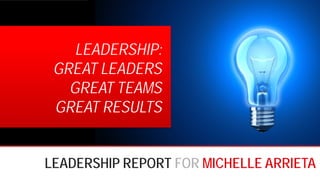 LEADERSHIP REPORT FOR MICHELLE ARRIETA
LEADERSHIP:
GREAT LEADERS
GREAT TEAMS
GREAT RESULTS
 