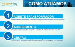 COMO ATUAMOS
AGENTE TRANSFORMADOR1
ASSESSMENTS2
GESTÃO3
Desenvolvendo seus líderes e gestores para que façam as mudanças necessárias.
Diagnósticos enriquecidos. Insights poderosos. Autoconhecimento profundo.
Solucionando sua necessidade de processos e ferramentas para gerir pessoas.
 