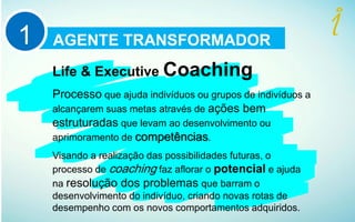AGENTE TRANSFORMADOR1
Life & Executive Coaching
Processo que ajuda indivíduos ou grupos de indivíduos a
alcançarem suas metas através de ações bem
estruturadas que levam ao desenvolvimento ou
aprimoramento de competências.
Visando a realização das possibilidades futuras, o
processo de coaching faz aflorar o potencial e ajuda
na resolução dos problemas que barram o
desenvolvimento do indivíduo, criando novas rotas de
desempenho com os novos comportamentos adquiridos.
 