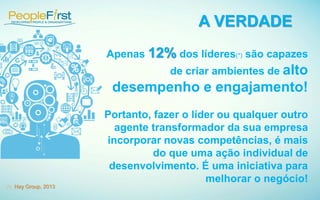 Apenas 12% dos líderes(*) são capazes
de criar ambientes de alto
desempenho e engajamento!
Portanto, fazer o líder ou qualquer outro
agente transformador da sua empresa
incorporar novas competências, é mais
do que uma ação individual de
desenvolvimento. É uma iniciativa para
melhorar o negócio!
(*) Hay Group, 2013
A VERDADE
 