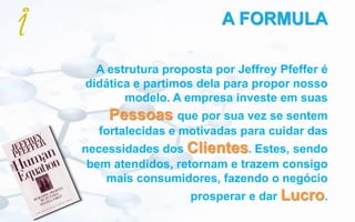 A FORMULA
A estrutura proposta por Jeffrey Pfeffer é
didática e partimos dela para propor nosso
modelo. A empresa investe em suas
Pessoas que por sua vez se sentem
fortalecidas e motivadas para cuidar das
necessidades dos Clientes. Estes, sendo
bem atendidos, retornam e trazem consigo
mais consumidores, fazendo o negócio
prosperar e dar Lucro.
 