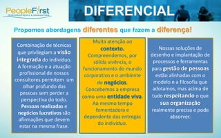 DIFERENCIAL
Combinação de técnicas
que privilegiam a visão
integrada do indivíduo.
A formação e a atuação
profissional de nossos
consultores permitem um
olhar profundo das
pessoas sem perder a
perspectiva do todo.
Pessoas realizadas e
negócios lucrativos são
afirmações que devem
estar na mesma frase.
Muita atenção ao
contexto.
Compreendemos, por
sólida vivência, o
funcionamento do mundo
corporativo e o ambiente
de negócios.
Concebemos a empresa
como uma entidade viva.
Ao mesmo tempo
fomentadora e
dependente das entregas
do indivíduo.
Nossas soluções de
desenho e implantação de
processos e ferramentas
para gestão de pessoas
estão alinhadas com o
modelo e a filosofia que
adotamos, mas acima de
tudo respeitando o que
sua organização
realmente precisa e pode
absorver.
Propomos abordagens diferentes que fazem a diferença!
 