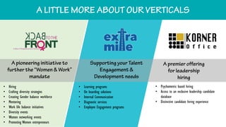 • Hiring
• Crafting diversity strategies
• Creating Gender balance workforce
• Mentoring
• Work life balance initiatives
• Diversity events
• Women networking events
• Promoting Women entrepreneurs
• Learning programs
• On boarding solutions
• Internal Communication
• Diagnostic services
• Employee Engagement programs
• Psychometric based hiring
• Access to an exclusive leadership candidate
database
• Distinctive candidate hiring experience
 