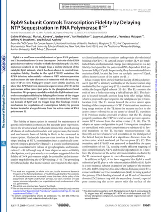Rpb9 Subunit Controls Transcription Fidelity by Delaying
NTP Sequestration in RNA Polymerase II*□S ࡗ
Received for publication,April 10, 2009 Published, JBC Papers in Press,May 13, 2009, DOI 10.1074/jbc.M109.006908
Celine Walmacq‡
, Maria L. Kireeva‡
, Jordan Irvin‡
, Yuri Nedialkov‡§
, Lucyna Lubkowska‡
, Francisco Malagon‡¶
,
Jeffrey N. Strathern‡
, and Mikhail Kashlev‡1
From the ‡
NCI Center for Cancer Research, National Institutes of Health, Frederick, Maryland 21702, the §
Department of
Biochemistry, New York University School of Medicine, New York, New York 10016, and the ¶
Institute of Molecular Biology,
Aarhus University, 8000 Århus C, Denmark
Rpb9 is a small non-essential subunit of yeast RNA polymer-
ase II located on the surface on the enzyme. Deletion of theRPB9
gene shows synthetic lethality with the low fidelity rpb1-E1103G
mutation localized in the trigger loop, a mobile element of the
catalytic Rpb1 subunit, which has been shown to control tran-
scription fidelity. Similar to the rpb1-E1103G mutation, the
RPB9 deletion substantially enhances NTP misincorporation
and increases the rate of mismatch extension with the next cog-
nate NTP in vitro. Using pre-steady state kinetic analysis, we
show that RPB9 deletion promotes sequestration of NTPs in the
polymerase active center just prior to the phosphodiester bond
formation. We propose a model in which the Rpb9 subunit con-
trols transcription fidelity by delaying the closure of the trigger
loop on the incoming NTP via interaction between the C-termi-
nal domain of Rpb9 and the trigger loop. Our findings reveal a
mechanism for regulation of transcription fidelity by protein
factors located at a large distance from the active center of RNA
polymerase II.
The fidelity of transcription is essential for maintenance of
genetic information content and for accurate gene expression.
Given the structural and mechanistic similarities shared among
all classes of multisubunit nucleic acid polymerases, the kinetic
and mechanistic basis of fidelity is likely to be conserved in
transcription. Nucleotide incorporation involves at least five
steps: binding of NTP, isomerization into a catalytically com-
petent complex, phosphoryl transfer, a second conformational
change associated with release of pyrophosphate, and translo-
cation (1–4). Although any of these steps can serve as fidelity
checkpoints, early pre-steady state analyses suggested that the
fidelity of DNA polymerases might be controlled at the isomer-
ization step following the dNTP binding (3–6). The prevailing
hypothesis holds that isomerization corresponds to the open-
to-closed conformation transition in the protein after the initial
binding of dNTP (7, 8). Arnold and co-workers (1, 9, 10) estab-
lished that a conformational change preceding catalysis is a key
fidelity checkpoint for the poliovirus RNA-dependent RNA po-
lymerase RdRp (3Dpol). Importantly, they demonstrated that a
mutation G64S, located far from the catalytic center of 3Dpol,
affects isomerization of the active site (11).
It has recently been shown that the fidelity of RNA polymer-
ase II (pol II)2
is similarly controlled at the isomerization step
mediated by the trigger loop (TL), a mobile structural element
within the largest Rpb1 subunit (12–14). The TL connects the
ends of two ␣-helices forming a helical hairpin (15). This hair-
pin is located beneath another long helix (the bridge helix),
which is proposed to participate in the catalysis and pol II trans-
location (16). The TL moves toward the active center upon
binding of the complementary NTP. This transition involves a
long range motion of the TL from the enzyme surface to the
active center referred to as the open-to-closed TL transition
(14). Previous studies provided evidence that the TL closing
properly positions the NTP for catalysis and prevents sponta-
neous NTP release from the active center (13, 14). The TL
adopts an open configuration in pol II elongation complexes
co-crystallized with a non-complementary substrate (14). Sev-
eral mutations in the TL increase misincorporation (12).
Recently, we have characterized a mutation in the distal part of
the helical hairpin located at a significant distance from the
active center, which rendered pol II error-prone (13, 17). This
mutation, rpb1-E1103G, was proposed to destabilize the open
conformation of the TL, causing overly efficient trapping of
non-complementary NTPs and misincorporation (13). There-
fore, the dynamics of the active site isomerization mediated by
the TL movement appear to control transcription fidelity.
In addition to Rpb1, it has been suggested that Rpb9, a small
subunit of pol II, plays a role in transcription fidelity (18). Rpb9
is a non-essential subunit located on the surface of the enzyme
(19, 20). Rpb9 comprises two zinc ribbon domains joined by a
conserved linker: an N-terminal domain (Zn1) forming a part of
the primary DNA-binding channel of pol II and a C-terminal
domain (Zn2) interacting with the secondary channel, a special
pore connecting the active center with the surface of the
* This work was supported, in whole or in part, by the Intramural Research
Program of the National Institutes of Health through the NCI. The contents
of this publication do not necessarily reveal the views of the policy of the
Department of Health and Human Services, nor does mention of trade
names, commercial products, or organizations imply endorsement of the
U.S. government.
ࡗ
This article was selected as a Paper of the Week.
□S
The on-line version of this article (available at http://www.jbc.org) contains
supplemental “Experimental Procedures,” supplemental Figs. S1–S8, and
supplemental Tables S1–S2.
1
To whom correspondence should be addressed. Tel.: 301-846-1798; Fax:
301-846-6988; E-mail: mkashlev@mail.ncifcrf.gov.
2
The abbreviations used are: pol II, RNA polymerase II; Exo III, exonuclease III;
TL, trigger loop; WT, wild type; Ni2ϩ
-NTA, nickel-nitrilotriacetic acid; TEC,
ternary elongation complex; nt, nucleotide(s); GNCD, region G non-con-
served domain.
THE JOURNAL OF BIOLOGICAL CHEMISTRY VOL. 284, NO. 29, pp. 19601–19612, July 17, 2009
Printed in the U.S.A.
JULY 17, 2009•VOLUME 284•NUMBER 29 JOURNAL OF BIOLOGICAL CHEMISTRY 19601
atNationalInstitutesofHealthLibrary,onNovember13,2009www.jbc.orgDownloadedfrom
http://www.jbc.org/content/suppl/2009/07/09/284.29.19601.DC1.html
http://www.jbc.org/content/suppl/2009/07/13/M109.006908.DC1.html
Supplemental Material can be found at:
 