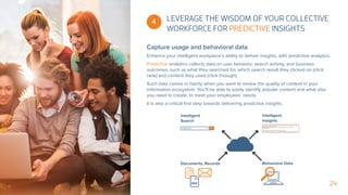 24
Capture usage and behavioral data
Enhance your intelligent workplace’s ability to deliver insights, with predictive analytics.
Predictive analytics collects data on user behavior, search activity, and business
outcomes, such as what they searched for, which search result they clicked on (click
rank) and content they used (click through).
Such data comes in handy when you want to review the quality of content in your
information ecosystem. You’ll be able to easily identify popular content and what else
you need to create, to meet your employees’ needs.
It is also a critical first step towards delivering predictive insights.
4 LEVERAGE THE WISDOM OF YOUR COLLECTIVE
WORKFORCE FOR PREDICTIVE INSIGHTS
CollaborationCollabora|
Intelligent
Insights
Behavioral Data
Intelligent
Search
Documents, Records
PDF
Hi, see that known issue: Spring 16’ - Existing Contacts are not added to the campaigns as campaign
members using New Data Import Wizard
(https://success.salesforce.com/issues_view?id+a1p30000000eUmLAAU) of spring 16.
Thanks, Rajendra
Answered on Sun Feb 21, 2016
Unable to Upload Campaign Members Using Data Import Wizard
Hi, I am unable to upload the contacts to a campaign as campaign members in the new data import...
 