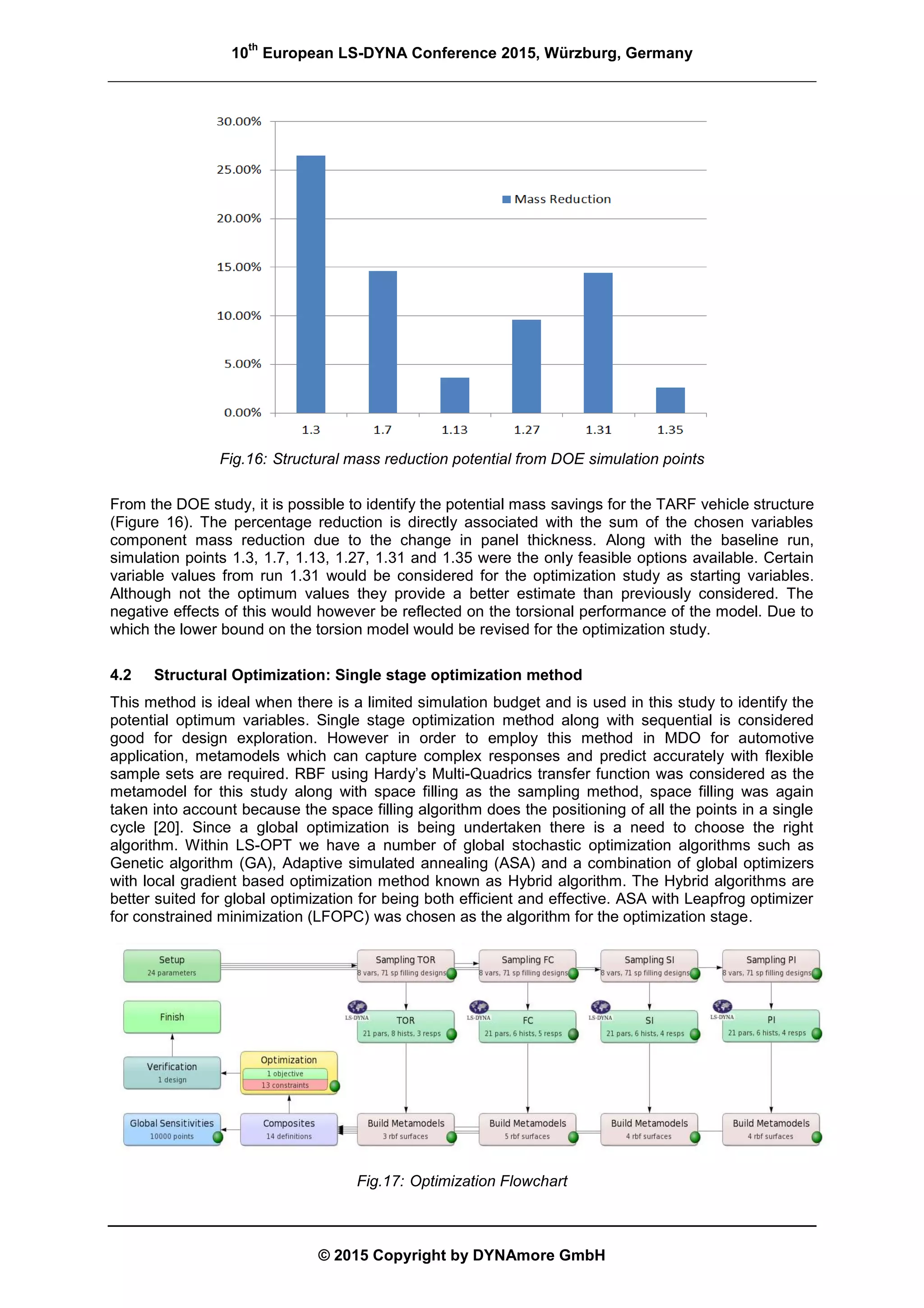 10
th
European LS-DYNA Conference 2015, Würzburg, Germany
© 2015 Copyright by DYNAmore GmbH
Fig.16: Structural mass reduction potential from DOE simulation points
From the DOE study, it is possible to identify the potential mass savings for the TARF vehicle structure
(Figure 16). The percentage reduction is directly associated with the sum of the chosen variables
component mass reduction due to the change in panel thickness. Along with the baseline run,
simulation points 1.3, 1.7, 1.13, 1.27, 1.31 and 1.35 were the only feasible options available. Certain
variable values from run 1.31 would be considered for the optimization study as starting variables.
Although not the optimum values they provide a better estimate than previously considered. The
negative effects of this would however be reflected on the torsional performance of the model. Due to
which the lower bound on the torsion model would be revised for the optimization study.
4.2 Structural Optimization: Single stage optimization method
This method is ideal when there is a limited simulation budget and is used in this study to identify the
potential optimum variables. Single stage optimization method along with sequential is considered
good for design exploration. However in order to employ this method in MDO for automotive
application, metamodels which can capture complex responses and predict accurately with flexible
sample sets are required. RBF using Hardy’s Multi-Quadrics transfer function was considered as the
metamodel for this study along with space filling as the sampling method, space filling was again
taken into account because the space filling algorithm does the positioning of all the points in a single
cycle [20]. Since a global optimization is being undertaken there is a need to choose the right
algorithm. Within LS-OPT we have a number of global stochastic optimization algorithms such as
Genetic algorithm (GA), Adaptive simulated annealing (ASA) and a combination of global optimizers
with local gradient based optimization method known as Hybrid algorithm. The Hybrid algorithms are
better suited for global optimization for being both efficient and effective. ASA with Leapfrog optimizer
for constrained minimization (LFOPC) was chosen as the algorithm for the optimization stage.
Fig.17: Optimization Flowchart
 