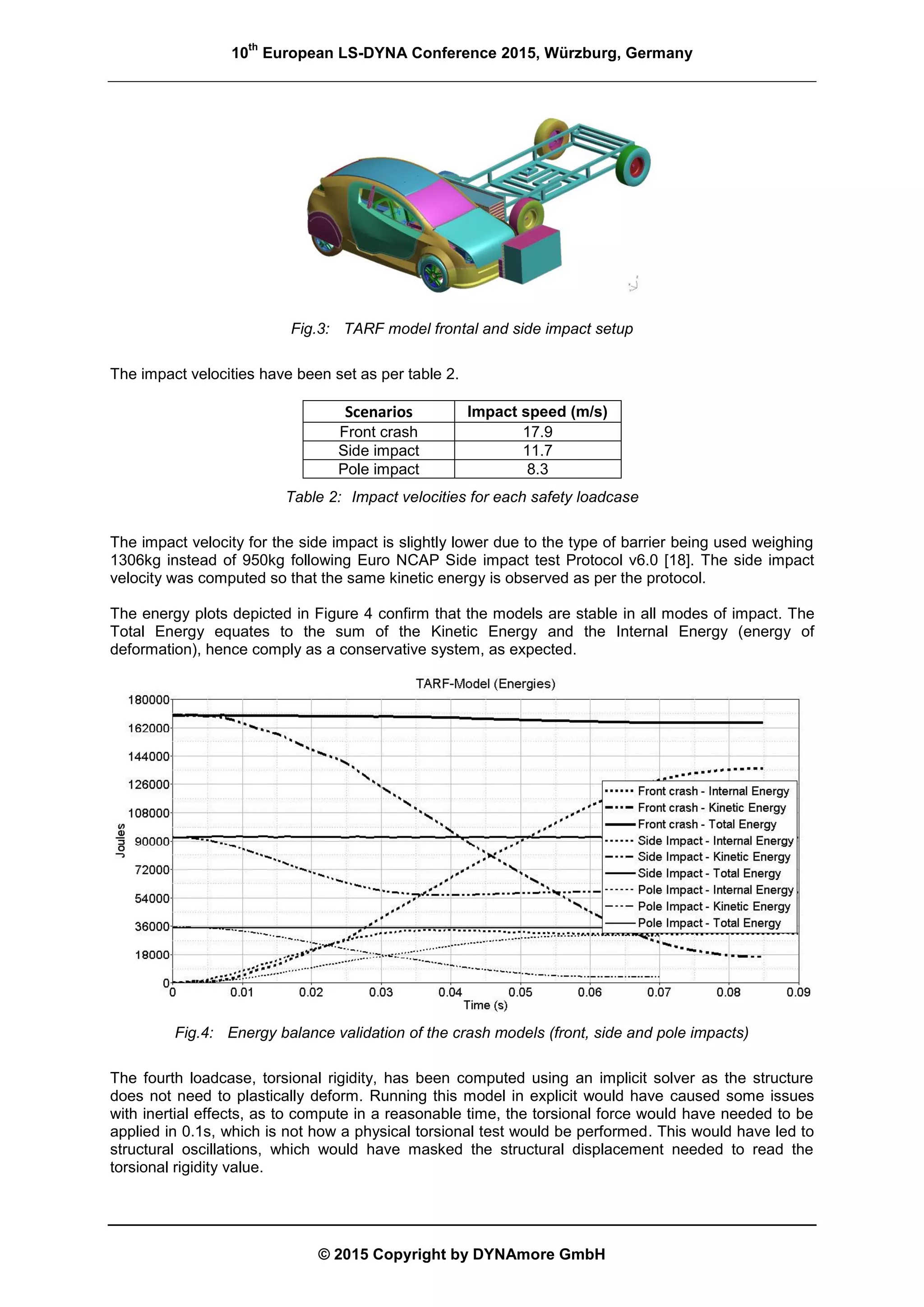 10
th
European LS-DYNA Conference 2015, Würzburg, Germany
© 2015 Copyright by DYNAmore GmbH
Fig.3: TARF model frontal and side impact setup
The impact velocities have been set as per table 2.
Scenarios Impact speed (m/s)
Front crash 17.9
Side impact 11.7
Pole impact 8.3
Table 2: Impact velocities for each safety loadcase
The impact velocity for the side impact is slightly lower due to the type of barrier being used weighing
1306kg instead of 950kg following Euro NCAP Side impact test Protocol v6.0 [18]. The side impact
velocity was computed so that the same kinetic energy is observed as per the protocol.
The energy plots depicted in Figure 4 confirm that the models are stable in all modes of impact. The
Total Energy equates to the sum of the Kinetic Energy and the Internal Energy (energy of
deformation), hence comply as a conservative system, as expected.
Fig.4: Energy balance validation of the crash models (front, side and pole impacts)
The fourth loadcase, torsional rigidity, has been computed using an implicit solver as the structure
does not need to plastically deform. Running this model in explicit would have caused some issues
with inertial effects, as to compute in a reasonable time, the torsional force would have needed to be
applied in 0.1s, which is not how a physical torsional test would be performed. This would have led to
structural oscillations, which would have masked the structural displacement needed to read the
torsional rigidity value.
 