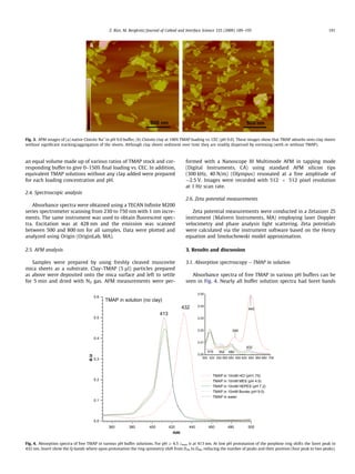 an equal volume made up of various ratios of TMAP stock and cor-
responding buffer to give 0–150% ﬁnal loading vs. CEC. In addition,
equivalent TMAP solutions without any clay added were prepared
for each loading concentration and pH.
2.4. Spectroscopic analysis
Absorbance spectra were obtained using a TECAN Inﬁnite M200
series spectrometer scanning from 230 to 750 nm with 1 nm incre-
ments. The same instrument was used to obtain ﬂuorescent spec-
tra. Excitation was at 428 nm and the emission was scanned
between 500 and 800 nm for all samples. Data were plotted and
analyzed using Origin (OriginLab, MA).
2.5. AFM analysis
Samples were prepared by using freshly cleaved muscovite
mica sheets as a substrate. Clay–TMAP (5 ll) particles prepared
as above were deposited onto the mica surface and left to settle
for 5 min and dried with N2 gas. AFM measurements were per-
formed with a Nanoscope III Multimode AFM in tapping mode
(Digital Instruments, CA) using standard AFM silicon tips
(300 kHz, 40 N/m) (Olympus) resonated at a free amplitude of
$2.5 V. Images were recorded with 512 Â 512 pixel resolution
at 1 Hz scan rate.
2.6. Zeta potential measurements
Zeta potential measurements were conducted in a Zetasizer ZS
instrument (Malvern Instruments, MA) employing laser Doppler
velocimetry and phase analysis light scattering. Zeta potentials
were calculated via the instrument software based on the Henry
equation and Smoluchowski model approximation.
3. Results and discussion
3.1. Absorption spectroscopy – TMAP in solution
Absorbance spectra of free TMAP in various pH buffers can be
seen in Fig. 4. Nearly all buffer solution spectra had Soret bands
Fig. 3. AFM images of (a) native Cloisite Na+
in pH 9.0 buffer, (b) Cloisite clay at 100% TMAP loading vs. CEC (pH 9.0). These images show that TMAP adsorbs onto clay sheets
without signiﬁcant stacking/aggregation of the sheets. Although clay sheets sediment over time they are readily dispersed by vortexing (with or without TMAP).
360 380 400 420 440 460 480 500
0.0
0.1
0.2
0.3
0.4
0.5
0.6
500 520 540 560 580 600 620 640 660 680 700
0.00
0.01
0.02
0.03
0.04
0.05
432
a.u
nm
TMAP in 10mM HCl (pH1.75)
TMAP in 10mM MES (pH 4.5)
TMAP in 10mM HEPES (pH 7.2)
TMAP in 10mM Borate (pH 9.0)
TMAP in water
413
TMAP in solution (no clay)
590
640
632
552 580515
Fig. 4. Absorption spectra of free TMAP in various pH buffer solutions. For pH P 4.5 kmax is at 413 nm. At low pH protonation of the porphine ring shifts the Soret peak to
432 nm. Insert show the Q-bands where upon protonation the ring symmetry shift from D2h to D4h, reducing the number of peaks and their position (four peak to two peaks).
Z. Rice, M. Bergkvist / Journal of Colloid and Interface Science 335 (2009) 189–195 191
 