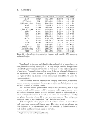3.4. CIAO SCRIPT 15
Cluster Redshift SZ Decrement RA(J2000) Dec(2000)
A1835 0.2528 4051±500 14 01 02 +02 53 43
ZWCL1953 0.32 1570±349 08 50 03 +36 04 16
RXJ1532.9+3021 0.345 2535±785 15 32 59 +30 21 11
A2390 0.2329 2229±478 21 53 37 +17 40 15
A2219 0.2281 2808±401 16 40 24 +46 40 52
RXJ2129.6+0005 0.235 1710±433 21 29 44 +00 06 06
A2261 0.224 1612±388 17 22 27 +32 07 04
A781 0.298 1392±618 09 20 28 +30 29 58
A697 0.282 2743±419 08 42 58 +36 21 45
A1763 0.223 4042±1069 13 35 26 +41 00 04
A68 0.255 1037±412 00 37 05 +09 09 26
A520 0.199 2583±683 04 54 10 +02 55 21
A267 0.23 1624±466 01 52 42 +01 00 26
RXJ0439.0+0715 0.23 1386±466 04 39 01 +07 16 55
MS1455.0+2232 0.258 2332±695 14 57 20 +22 20 36
A773 0.217 1214±326 09 17 51 +51 43 20
Table 3.2: A list of the sixteen selected clusters, with redshift, SZE decrement
and co-ordinates.
This allowed for the unattended calibration and analysis of many clusters at
once, essentially making the analysis of the large sample possible. The processes
tended to be generic enough for the script to eventually become fairly independent
of user input. From calibration to ﬁnal model ﬁtting we only needed to create a
few region ﬁles at crucial moments. It was possible to automate the process of
the region creation but in some cases is was deemed crucial that we assess the
cluster ourselves.
This automation was not possible when merging observations, where often
unique issues are encountered. Each merger required our full attention as they
so rarely behaved as a typical cluster.
With automation and generalisation comes errors, particularly with a large
sample to analyse. Often these would be encounter whilst my partner and I were
working independently and so we were careful to compile a small database of
errors and worked solutions. A module of the script can search the database by
any phrase (including wildcards) or error reference numbers. This tool proved
incredibly useful in working through CIAO warnings and errors.
By the completion of the project the code included upwards of ten modules,
each comprising hundreds of lines of code. The entire script and all code has
been uploaded to the departmental wiki∗ for reference. A full explanation of
each module and the necessary layout is provided.
∗
sagittarius.star.bris.ac.uk/ayoung/dokuwiki/
 