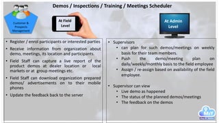 Demos / Inspections / Training / Meetings Scheduler
• Register / enrol participants or interested parties
• Receive information from organization about
demo, meetings, its location and participants.
• Field Staff can capture a live report of the
product demos at dealer location or local
markets or at group meetings etc.
• Field Staff can download organization prepared
demos/ advertisements on to their mobile
phones
• Update the feedback back to the server
Customer &
Prospects
Management
• Supervisors
• can plan for such demos/meetings on weekly
basis for their team members.
• Push the demo/meeting plan on
daily/weekly/monthly basis to the field employee
• Assign / re-assign based on availability of the field
employee.
• Supervisor can view
• Live demo as happened
• The status of the planned demos/meetings
• The feedback on the demos
At Field
Level
At Admin
Level
 