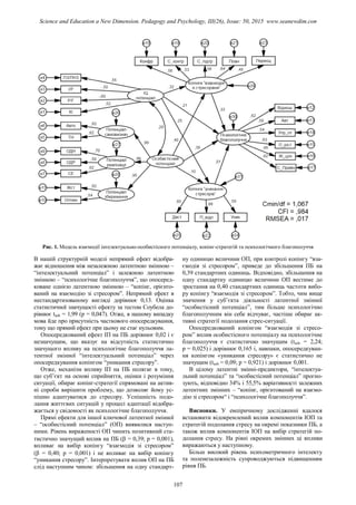 Рис. 1. Модель взаємодії інтелектуально-особистісного потенціалу, копінг-стратегій та психологічного благополуччя
В нашій структурній моделі непрямий ефект відобра-
жає відношення між незалежною латентною змінною –
“інтелектуальний потенціал” і залежною латентною
змінною – “психологічне благополуччя”, що опосеред-
коване однією латентною змінною – “копінг, орієнто-
ваний на взаємодію зі стресором”. Непрямий ефект в
нестандартизованому вигляді дорівнює 0,13. Оцінка
статистичної значущості ефекту за тестом Соубела до-
рівнює tsob = 1,99 (p = 0,047). Отже, в нашому випадку
мова йде про присутність часткового опосередкування,
тому що прямий ефект при цьому не стає нульовим.
Опосередкований ефект ІП на ПБ дорівнює 0,02 і є
незначущим, що вказує на відсутність статистично
значущого впливу на психологічне благополуччя ла-
тентної змінної “інтелектуальний потенціал” через
опосередкування копінгом “уникання стресору”.
Отже, механізм впливу ІП на ПБ полягає в тому,
що суб’єкт на основі сприйняття, оцінки і розуміння
ситуації, обирає копінг-стратегії спрямовані на актив-
ні спроби вирішити проблему, що дозволяє йому ус-
пішно адаптуватися до стресору. Успішність подо-
лання життєвих ситуацій у процесі адаптації відобра-
жається у свідомості як психологічне благополуччя.
Прямі ефекти для іншої ключової латентної змінної
– “особистісний потенціал” (ОП) виявилися наступ-
ними. Рівень вираженості ОП чинить позитивний ста-
тистично значущий вплив на ПБ ( = 0,39; p = 0,001),
впливає на вибір копінгу “взаємодія зі стресором”
( = 0,40; p = 0,001) і не впливає на вибір копінгу
“уникання стресору”. Інтерпретувати вплив ОП на ПБ
слід наступним чином: збільшення на одну стандарт-
ну одиницю величини ОП, при контролі копінгу “вза-
ємодія зі стресором”, приведе до збільшення ПБ на
0,39 стандартних одиниць. Відповідно, збільшення на
одну стандартну одиницю величини ОП вестиме до
зростання на 0,40 стандартних одиниць частоти вибо-
ру копінгу “взаємодія зі стресором”. Тобто, чим вище
значення у суб’єкта діяльності латентної змінної
“особистісний потенціал”, тим більше психологічно
благополучним він себе відчуває, частіше обирає ак-
тивні стратегії подолання стрес-ситуації.
Опосередкований копінгом “взаємодія зі стресо-
ром” вплив особистісного потенціалу на психологічне
благополуччя є статистично значущим (tsob = 2,24;
p = 0,025) і дорівнює 0,165 і, навпаки, опосередкуван-
ня копінгом «уникання стресору» є статистично не
значущим (tsob = 0,09; p = 0,921) і дорівнює 0,001.
В цілому латентні змінні-предиктори, “інтелектуа-
льний потенціал” та “особистісний потенціал” прогно-
зують, відповідно 34% і 55,5% варіативності залежних
латентних змінних – “копінг, орієнтований на взаємо-
дію зі стресором“ і “психологічне благополуччя”.
Висновки. У емпіричному дослідженні вдалося
встановити відокремлений вплив компонентів ІОП та
стратегій подолання стресу на окремі показники ПБ, а
також вплив компонентів ІОП на вибір стратегій по-
долання стресу. На рівні окремих змінних ці впливи
виражаються у наступному.
Більш високий рівень психометричного інтелекту
та поленезалежність супроводжуються підвищенням
рівня ПБ.
107
Science and Education a New Dimension. Pedagogy and Psychology, III(26), Issue: 50, 2015 www.seanewdim.com
 