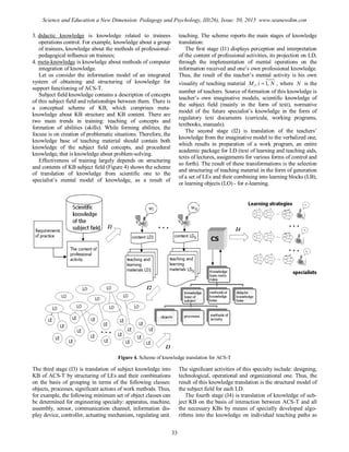 3. didactic knowledge is knowledge related to trainees
operations control. For example, knowledge about a group
of trainees, knowledge about the methods of professional-
pedagogical influence on trainees;
4. meta-knowledge is knowledge about methods of computer
integration of knowledge.
Let us consider the information model of an integrated
system of obtaining and structuring of knowledge for
support functioning of ACS-T.
Subject field knowledge contains a description of concepts
of this subject field and relationships between them. There is
a conceptual scheme of KB, which comprises meta-
knowledge about KB structure and KB content. There are
two main trends in training: teaching of concepts and
formation of abilities (skills). While forming abilities, the
focuse is on creation of problematic situations. Therefore, the
knowledge base of teaching material should contain both
knowledge of the subject field concepts, and procedural
knowledge, that is knowledge about problem-solving.
Effectiveness of training largely depends on structuring
and contents of KB subject field (Figure 4) shows the scheme
of translation of knowledge from scientific one to the
specialist’s mental model of knowledge, as a result of
teaching. The scheme reports the main stages of knowledge
translation:
The first stage (I1) displays perception and interpretation
of the content of professional activities, its projection on LD,
through the implementation of mental operations on the
information received and one’s own professional knowledge.
Thus, the result of the teacher’s mental activity is his own
visuality of teaching material NiMi ,1,  , where N is the
number of teachers. Source of formation of this knowledge is
teacher’s own imaginative models, scientific knowledge of
the subject field (mainly in the form of text), normative
model of the future specialist’s knowledge in the form of
regulatory text documents (curricula, working programs,
textbooks, manuals).
The second stage (I2) is translation of the teachers’
knowledge from the imaginative model to the verbalized one,
which results in preparation of a work program, an entire
academic package for LD (text of learning and teaching aids,
texts of lectures, assignments for various forms of control and
so forth). The result of these transformations is the selection
and structuring of teaching material in the form of generation
of a set of LEs and their combining into learning blocks (LB),
or learning objects (LO) - for e-learning.
Figure 4. Scheme of knowledge translation for ACS-T
The third stage (I3) is translation of subject knowledge into
KB of ACS-T by structuring of LEs and their combinations
on the basis of grouping in terms of the following classes:
objects, processes, significant actions of work methods. Thus,
for example, the following minimum set of object classes can
be determined for engineering specialty: apparatus, machine,
assembly, sensor, communication channel, information dis-
play device, controller, actuating mechanism, regulating unit.
The significant activities of this specialty include: designing,
technological, operational and organizational one. Thus, the
result of this knowledge translation is the structural model of
the subject field for each LD.
The fourth stage (I4) is translation of knowledge of sub-
ject KB on the basis of interaction between ACS-T and all
the necessary KBs by means of specially developed algo-
rithms into the knowledge on individual teaching paths as
33
Science and Education a New Dimension. Pedagogy and Psychology, III(26), Issue: 50, 2015 www.seanewdim.com
 