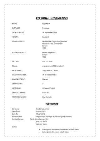 Curriculum Vitae Angelique Pretorius | PDF
