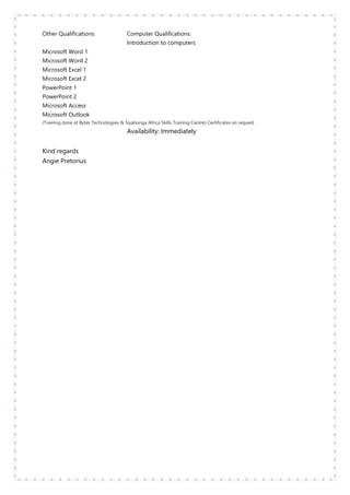 Curriculum Vitae Angelique Pretorius | PDF
