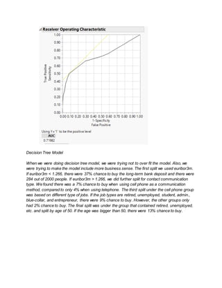 Decision Tree Model
When we were doing decision tree model, we were trying not to over fit the model. Also, we
were trying to make the model include more business sense. The first split we used euribor3m.
If euribor3m < 1.266, there were 37% chance to buy the long-term bank deposit and there were
284 out of 2000 people. If euribor3m > 1.266, we did further split for contact communication
type. We found there was a 7% chance to buy when using cell phone as a communication
method, compared to only 4% when using telephone. The third split under the cell phone group
was based on different type of jobs. If the job types are retired, unemployed, student, admin.,
blue-collar, and entrepreneur, there were 9% chance to buy. However, the other groups only
had 2% chance to buy. The final split was under the group that contained retired, unemployed,
etc. and split by age of 50. If the age was bigger than 50, there were 13% chance to buy.
 