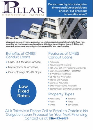 Do you need quick closings for
time-sensitive acquisitions
or cash-out proceeds
from refinances?
We provide owners of income-producing real estate access to the capital markets for fixed-rate
loans. Our service-focused experts are highly skilled in underwriting and closing CMBS conduit
loans. Ask us to provide a no-obligation loan proposal for your next financing.
Benefits of CMBS
Conduit Loans
� Cash-Out for Any Purpose!
� No Personal Guarantees
� Quick Closings 30-45 Days
Features of CMBS
Conduit Loans
� Nationwide
� Acquisition or Refinancing
� 75% LTV I 80% with Mezzanine Loan Combo
� Loan Amounts $2 Million - $100 Million
� 5-/7-/10-Year Fixed Rates
� 25-/30-Year Amortization
� Interest-Only Available
� Loans Are Assumable
� Older Properties Are Acceptable
� Sponsor Credit Blemishes Considered
Property Types
� Multi-Family
� Retail
� Office
� Industrial
� Hotels
� Self-Storage
All It Takes is a Phone Call or Email to Obtain a No
Obligation Loan Proposal for Your Next Financing
Contact us at 786-449-6497
 