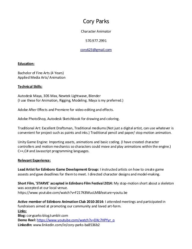 cory parks animation resume animator resume