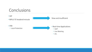 Conclusions
• IGP
• MPLS-TE headend reroute
Slow and Insufficient
• Real-time Applications
• VoIP
• Live Meeting
• etc.
• FRR
• Local Protection
 