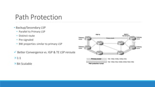 Path Protection
• Backup/Secondary LSP
• Parallel to Primary LSP
• Distinct route
• Pre-signaled
• BW properties similar to primary LSP
 Better Convergence vs. IGP & TE LSP reroute
1:1
Bit Scalable
 