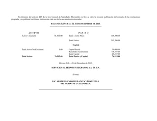 En términos del artículo 223 de la Ley General de Sociedades Mercantiles se lleva a cabo la presente publicación del extracto de las resoluciones
adoptadas y se publican los últimos balances de cada una de las sociedades involucradas:
BALANCE GENERAL AL 31 DE DICIEMBRE DE 2015.
------------------------------------------------------------------------------
A C T I V O P A S I V O
Activo Circulante 76.,913.00 Total a Corto Plazo 105,500.00
Total Pasivo 105,500.00
Capital
Total Activo No Circulante 0.00 Capital Social 50,000.00
Resultados Acumulados - 78,587.00
Total Capital -28,587.00
Total Activo 76,913.00 Total Pasivo y Capital 76,913.00
México, D.F., a 31 de Diciembre de 2015.
SERVICIOS ALTERNOS INTEGRADOS, S.A. DE C.V.
(Firma)
LIC. ALBERTO ANTONIO ZAPATA VERASTEGUI.
DELEGADO DE LA ASAMBLEA.
 