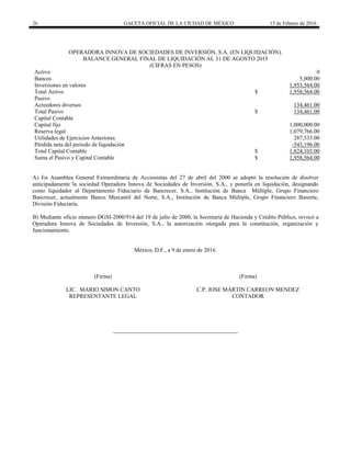 26 GACETA OFICIAL DE LA CIUDAD DE MÉXICO 15 de Febrero de 2016
OPERADORA INNOVA DE SOCIEDADES DE INVERSIÓN, S.A. (EN LIQUIDACIÓN).
BALANCE GENERAL FINAL DE LIQUIDACIÓN AL 31 DE AGOSTO 2015
(CIFRAS EN PESOS)
Activo 0
Bancos 5,000.00
Inversiones en valores 1,953,564.00
Total Activo $ 1,958,564.00
Pasivo
Acreedores diversos 134,461.00
Total Pasivo $ 134,461.00
Capital Contable
Capital fijo 1,000,000.00
Reserva legal 1,079,766.00
Utilidades de Ejercicios Anteriores 287,533.00
Pérdida neta del período de liquidación -543,196.00
Total Capital Contable $ 1,824,103.00
Suma el Pasivo y Capital Contable $ 1,958,564.00
A) En Asamblea General Extraordinaria de Accionistas del 27 de abril del 2000 se adoptó la resolución de disolver
anticipadamente la sociedad Operadora Innova de Sociedades de Inversión, S.A., y ponerla en liquidación, designando
como liquidador al Departamento Fiduciario de Bancrecer, S.A., Institución de Banca Múltiple, Grupo Financiero
Bancrecer, actualmente Banco Mercantil del Norte, S.A., Institución de Banca Múltiple, Grupo Financiero Banorte,
División Fiduciaria.
B) Mediante oficio número DGSI-2000/914 del 19 de julio de 2000, la Secretaría de Hacienda y Crédito Público, revocó a
Operadora Innova de Sociedades de Inversión, S.A., la autorización otorgada para la constitución, organización y
funcionamiento.
México, D.F., a 9 de enero de 2016.
(Firma)
LIC. MARIO SIMON CANTO
REPRESENTANTE LEGAL
(Firma)
C.P. JOSE MARTIN CARREON MENDEZ
CONTADOR
 