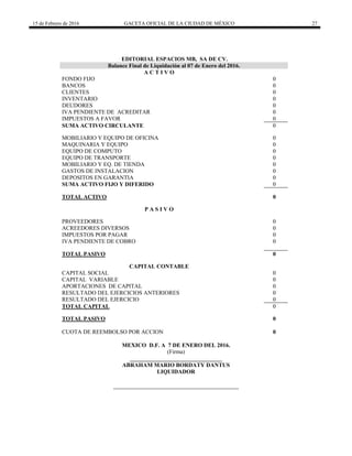 15 de Febrero de 2016 GACETA OFICIAL DE LA CIUDAD DE MÉXICO 27
EDITORIAL ESPACIOS MB, SA DE CV.
Balance Final de Liquidación al 07 de Enero del 2016.
A C T I V O
FONDO FIJO 0
BANCOS 0
CLIENTES 0
INVENTARIO 0
DEUDORES 0
IVA PENDIENTE DE ACREDITAR 0
IMPUESTOS A FAVOR 0
SUMA ACTIVO CIRCULANTE 0
MOBILIARIO Y EQUIPO DE OFICINA 0
MAQUINARIA Y EQUIPO 0
EQUIPO DE COMPUTO 0
EQUIPO DE TRANSPORTE 0
MOBILIARIO Y EQ. DE TIENDA 0
GASTOS DE INSTALACION 0
DEPOSITOS EN GARANTIA 0
SUMA ACTIVO FIJO Y DIFERIDO 0
TOTAL ACTIVO 0
P A S I V O
PROVEEDORES 0
ACREEDORES DIVERSOS 0
IMPUESTOS POR PAGAR 0
IVA PENDIENTE DE COBRO 0
TOTAL PASIVO 0
CAPITAL CONTABLE
CAPITAL SOCIAL 0
CAPITAL VARIABLE 0
APORTACIONES DE CAPITAL 0
RESULTADO DEL EJERCICIOS ANTERIORES 0
RESULTADO DEL EJERCICIO 0
TOTAL CAPITAL 0
TOTAL PASIVO 0
CUOTA DE REEMBOLSO POR ACCION 0
MEXICO D.F. A 7 DE ENERO DEL 2016.
(Firma)
________________________________
ABRAHAM MARIO BORDATY DANTUS
LIQUIDADOR
 