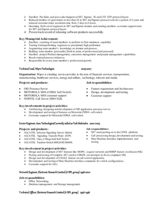  Excellent Pre-Sales and post-sales Support on SS7, Sigtran, 3G and LTE GTP protocol layers.
 Reduced number of open tickets to less than 10 in SS7 and Sigtran protocol suite for a period of 2 years and
reduced customer ticket resolution time from 2 days to 6 hours.
 Grooming fresh set of engineers in SS7 and Sigtran domain and creating excellent customer support team
for SS7 and Sigtran protocol layers.
 Proven track record of releasing software products successfully.
Key Managerial Achievement:
 Excellent coaching of team members to perform to their maximum capability
 Turning Underperforming engineers as proclaimed high performers.
 Augmenting team member’s knowledge on domain and process.
 Building team member personality [both in terms of professionaland personal]
 Excellent project/Product management, execution management and people management capabilities.
 Result oriented process initiatives
 Responsible for every team member’s professional growth.
Technical Lead,WiproTechnologies 2005-2007
Organization: Wipro is a leading service provider in the area of financial services, transportation,
manufacturing, healthcare services, energy and utilities, technology, telecom and media.
Projects and products:
 OKI Presence Server
 MOTOROLA MSS (CDMA Soft Switch)
 MOTOROLA MSS customer support
 NORTEL Call Server 2000 CS2K.
Job responsibilities:
 Feature requirement and Architecture
 Design, development and testing.
 Customer support
Key involvements in project activities:
 Architecting, designing and development of SIP application presence server.
 Development and testing of features on Motorola CDMA soft switch
 Customer support for Motorola CDMA soft switch.
SeniorEngineer, Axes Technologies/Currently calledasTechMahindra 2000-2005
Projects and products:
 ALCATEL Infusion Signaling Server Global.
 ALCATEL Signaling Transfer Point (STP)
 ALCATEL Class 4 Mega hub Soft Switch
 ALCATEL Tandem Switch.MEGAHUB600E.
Job responsibilities:
 SS7 stack porting on to the LYNX platform
 Call processing design,development and testing.
 Man Machine Interface implementation and
testing
Key involvement in project activities:
 Design and development of SS7 features like MOPC, Logical network and MRSP feature on infusion SSG.
 Porting and testing of Complete SS7 stackto CEKOS environment [a Posix compliant OS].
 Design and development of CALEA feature on call control application.
 Development and testing of Man Machine interface commands for switch configurations.
 Customer support for ALU.
Network Engineer,Electronic ResearchLimited[A BPL group] 1998-2000
Job responsibilities:
 Office Networking.
 Database management and Storage management
Technical Officer, ElectronicResearchLimited[A BPL group] 1996-1998
 
