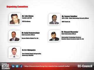 Organizing Committee
Mr. Felix Mohan
Founder and CEO
CISO Academy
Mr. Sameer Ratolikar
SVP & CISO - Chief InformationSecurity Officer
HDFC Bank Ltd.
Mr. Balaji Venkateshwar
Chief Executive Officer
Secure Matrix Global Pvt. Ltd.
Mr. Vinayak Muzumdar
Chief Information Officer
InformationTechnology Services
Deloitte Shared Services India Pvt. Ltd.
Dr. A.K. Mohapatra
Guru Gobind Singh Indraprastha
University (GGSIPU)
 