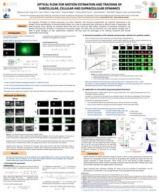 OPTICAL	
  FLOW	
  FOR	
  MOTION	
  ESTIMATION	
  AND	
  TRACKING	
  OF	
  
SUBCELLULAR,	
  CELLULAR	
  AND	
  SUPRACELLULAR	
  DYNAMICS	
  
Mauricio Cerda1, Jorge Jara1,4, Alex Córdova1, Jorge Toledo1,2, Eduardo Pulgar1,3, Carmen-Gloria Lemus1,3, Omar Ramírez1,2, Jarno Ralli5, Miguel Concha3 and Steffen Härtel1	

References	
  
1.  Horn	
  BKP	
  &	
  Schunck	
  BG	
  (1981)	
  Determining	
  op>cal	
  ﬂow.	
  Ar>ﬁcial	
  Intelligence,	
  Vol.	
  17:	
  185–203.	
  
2.  Lucas	
  BD	
  (1985)	
  Generalized	
  image	
  matching	
  by	
  the	
  method	
  of	
  diﬀerences.	
  PhD	
  thesis,	
  Robo>cs	
  Ins>tute,	
  Carnegie	
  Mellon	
  University,	
  PiYsburgh,	
  PA,	
  USA.	
  
3.  Bruhn	
  A	
  &	
  Weickert	
  J	
  (2005)	
  Lucas/Kanade	
  Meets	
  Horn/Schunck:	
  Combining	
  Local	
  and	
  Global	
  Op>c	
  Flow	
  Methods.	
  Int.	
  J.	
  of	
  Computer	
  Vision	
  61(3):	
  211-­‐231.	
  
4.  Delpiano	
  J,	
  Jara	
  J,	
  Scheer	
  J,	
  Ramírez	
  O,	
  Ruiz-­‐del-­‐Solar	
  J	
  and	
  S	
  Härtel	
  (2012)	
  Performance	
  of	
  op>cal	
  ﬂow	
  techniques	
  for	
  mo>on	
  analysis	
  of	
  ﬂuorescent	
  point	
  
signals	
  in	
  confocal	
  microscopy.	
  Machine	
  Vision	
  and	
  Applica>ons:	
  23(4):675-­‐689.	
  
5.  Márquez-­‐Valle	
  P,	
  Gil	
  D	
  &	
  Hernández-­‐Sabaté	
  A	
  (2012)	
  Error	
  analysis	
  for	
  Lucas-­‐Kanade	
  Based	
  Schemes.	
  LNCS	
  Vol.	
  7324:	
  184-­‐191.	
  
6.  Stuurman	
  N	
  (2003-­‐9)	
  ImageJ	
  MTrack2	
  tracking	
  plug-­‐in.	
  Ronald	
  D.	
  Vale	
  Lab.	
  at	
  U.	
  of	
  California,	
  San	
  Francisco.	
  
hYp://valelab.ucsf.edu/~nico/IJplugins/MTrack2.html	
  
7.  Friedman	
  JR	
  et	
  al	
  (2010)	
  ER	
  sliding	
  dynamics	
  and	
  ER-­‐mitochondrial	
  contacts	
  occur	
  on	
  acetylated	
  microtubules.	
  J.	
  Cell	
  Biol.	
  Vol.	
  190	
  (3):	
  363–375.	
  
8.  Cai	
  D	
  et	
  al	
  (2009)	
  Single	
  molecule	
  Imaging	
  reveals	
  diﬀerences	
  in	
  microtubule	
  track	
  selec>on	
  between	
  kinesin	
  motors.	
  PLoS	
  Biology	
  7(10)	
  e1000216.	
  
Figure	
  1.	
  Four	
  dynamical	
  structures	
  and	
  their	
  simpliﬁed	
  models.	
  
a)	
  GABABR1	
  receptors	
  traﬃc	
  in	
  dendrites	
  (ﬁrst	
  presented	
  by	
  Delpiano	
  et	
  al	
  [4].	
  b)	
  Cell	
  migra>on	
  in	
  the	
  Kupﬀer’s	
  
vesicle.	
  c)	
  Microtubule	
  reorganiza>on	
  in	
  COS	
  cells.	
  d)	
  Cell	
  bleb	
  forma>on	
  in	
  the	
  parapineal	
  organ	
  of	
  zebra	
  ﬁsh.	
  
IntroducXon	
  
MS-­‐OF	
  improves	
  OF	
  mo>on	
  es>ma>on	
  range	
  by	
  a	
  factor	
  of	
  three,	
  and	
  the	
  performance	
  of	
  HS	
  and	
  CLG	
  
methods	
   are	
   comparable	
   at	
   least	
   in	
   the	
   case	
   of	
   >p	
   growing.	
   We	
   quan>fy	
   and	
   bound	
   OF	
   error	
   for	
  
mo>on	
   es>ma>on	
   in	
   model	
   structures.	
   These	
   results	
   can	
   be	
   used	
   directly	
   to	
   guide	
   biologists	
   in	
  
deﬁning	
  experimental	
  spa>o-­‐temporal	
  sampling	
  acquisi>on	
  rates	
  and	
  parameter	
  serngs	
  when	
  using	
  
OF	
  for	
  mo>on	
  es>ma>on	
  and	
  segmenta>on	
  in	
  >me	
  series.	
  
	
  
When	
   compared	
   with	
   automa>c	
   tracking,	
   OF	
   shows	
   to	
   be	
   less	
   sensi>ve	
   to	
   parameters,	
   and	
   its	
  
performance	
  is	
  comparable	
  to	
  manual	
  segmenta>on	
  and	
  tracking	
  performed	
  by	
  an	
  expert.	
  
Figure	
  2.	
  OF	
  methods	
  evalua>on	
  for	
  model	
  structures	
  (sample).	
  
a)  Parameter	
  op>miza>on	
  (α)	
  for	
  CLG-­‐OF	
  method	
  in	
  the	
  >p	
  model	
  (theore>cal	
  α	
  shown	
  in	
  black).	
  
b)  Maximum	
  detectable	
  speeds.	
  
c)  OF	
  for	
  the	
  >p	
  model	
  at	
  diﬀerent	
  input	
  speeds,	
  measuring	
  all	
  of	
  the	
  described	
  OF	
  methods.	
  
Figure	
   3.	
   Comparison	
   of	
   speed	
   es>ma>on	
   approaches	
   for	
  
microtubule	
  >p	
  growing.	
  Reported	
  values	
  for	
  speed:	
  
0.044	
  [µm/s],	
  std=0.018	
  [7]	
  and	
  0.08	
  [µm/s]	
  std=0.03	
  [8].	
  	
  
a)	
  Sample	
  image	
  of	
  the	
  microtubule	
  >ps	
  mo>on	
  sequence	
  
(Fig.	
   1c).	
   b)	
   OF	
   vector	
   ﬁeld	
   computed	
   for	
   the	
   segmented	
  
microtubule	
   >ps.	
   c)	
   Es>mated	
   >p	
   speeds	
   with	
   the	
   tested	
  
methods,	
  using	
  the	
  best	
  parameters	
  for	
  each	
  OF	
  approach.	
  
d)	
   Frequency	
   histograms	
   of	
   es>mated	
   the	
   >p	
   mo>on	
  
speeds.	
  
I.	
  TheoreXcal	
  OF	
  parameter	
  
opXmizaXon	
  
Biological	
  systems.	
  COS-­‐7	
  cells	
  expressing	
  EB3-­‐GFP,	
  pineal	
  cells	
  expressing	
  GFP	
  and	
  dorsal	
  forerunner	
  cells	
  expressing	
  
an	
  ac>ne	
  sensor	
  in	
  zebraﬁsh	
  were	
  studied.	
  Live	
  imaging,	
  deconvolu>on	
  and	
  restoring	
  ﬁlters	
  were	
  applied.	
  
	
  
Synthe3c	
  control	
  sequences.	
  Convolu>on	
  of	
  microscopic	
  point	
  spread	
  func>ons	
  with	
  basic	
  morphologic	
  models	
  of	
  
single	
  molecules,	
  membranes	
  and	
  protrusions.	
  Diﬀerent	
  MS-­‐OF	
  approaches	
  combined	
  with	
  ac>ve	
  contour	
  models	
  
were	
  compared	
  to	
  evaluate	
  vector	
  ﬁelds	
  for	
  mo>on	
  es>ma>on	
  and	
  object	
  segmenta>on/tracking.	
  	
  
Model	
  
Cell	
  migra*on	
  
Biology	
  
Bleb	
  forma*on	
  
Microtubule	
  *ps	
  
Protein	
  traﬃc	
  
a)	
  
b)	
  
c)	
  
d)	
  
t=1	
   t=2	
  
t=1	
   t=2	
   t=3	
  
t=1	
   t=2	
   t=3	
   t=1	
   t=2	
   t=3	
  
t=1	
   t=2	
   t=3	
  
t=1	
   t=2	
   t=3	
  
t=1	
   t=2	
   t=3	
  
Growing	
  microtubule	
  *ps,	
  EB3-­‐GFP	
  (end	
  binding	
  protein)	
  	
  
Lucas	
  &	
  
Kanade	
  (LK)	
  
Horn	
  &	
  
Schunk	
  (HS)	
  
MulX-­‐scale	
  HS	
  
Combined	
  
Local	
  Global	
  
(CLG)	
  
MulX-­‐scale	
  
CLG	
  
1	
  pixel	
  jump	
  	
  
(v=1)	
  
3	
  pixel	
  jump	
  
(v=3)	
  
6	
  pixel	
  jump	
  
(v=6)	
  
12	
  pixel	
  jump	
  
(v=12)	
  
20	
  pixel	
  jump	
  
(v=20)	
  
b)	
  
c)	
  a)	
  
a)	
   b)	
  
Speed	
  
[µm/s]	
  
Speed	
  [µm/s]	
  
We	
  show	
  that	
  the	
  parameters	
  of	
  the	
  OF	
  methods	
  can	
  be	
  automaXcally	
  tuned,	
  in	
  order	
  to	
  increase	
  moXon	
  range	
  
and	
   precision.	
   Next,	
   we	
   compare	
   our	
   OF	
   results	
   with	
   standard	
   methods	
   used	
   by	
   biologists	
   (like	
   tracking)	
   to	
  
compute	
  speed,	
  upon	
  manual	
  and	
  automaXc	
  segmentaXon.	
  	
  
t=1	
   t=2	
  
2.	
  For	
  the	
  HS-­‐OF	
  itera>ve	
  scheme,	
  	
  
	
  	
  	
  	
  	
  	
  is	
  important	
  in	
  areas	
  where	
  	
  	
  	
  	
  	
  	
  	
  	
  	
  	
  	
  	
  	
  	
  	
  	
  	
  	
  	
  ,	
  and	
  thus	
  its	
  
value	
   should	
   be	
   equal	
   to	
   the	
   gradient	
   in	
   the	
   areas	
   of	
  
interest.	
  
3.	
  	
  For	
  the	
  CLG-­‐OF,	
  a	
  similar	
  argument	
  can	
  be	
  presented:	
  	
  
	
  	
  	
  	
  is	
  important	
  in	
  areas	
  where	
  	
  	
  	
  	
  	
  	
  	
  	
  	
  	
  	
  	
  	
  	
  	
  	
  	
  	
  	
  	
  	
  	
  	
  ,	
  thus	
  its	
  value	
  
should	
  be	
  equal	
  to	
  the	
  gradient	
  in	
  the	
  areas	
  of	
  interest.	
  	
  
Note	
  that	
  	
  	
  	
  	
  	
  	
  from	
  HS-­‐OF	
  is	
  diﬀerent	
  than	
  CLG-­‐OF,	
  being	
  
1.	
  For	
  LK-­‐OF,	
  the	
  key	
  step	
  is	
  the	
  inversion	
  of	
  the	
  2x2	
  matrix,	
  A.	
  
The	
  condi>on	
  number	
  	
  	
  	
  	
  	
  quan>ﬁes	
  the	
  upper	
  bound	
  error	
  [5].	
  
where	
  	
  	
  denotes	
  the	
  eigenvalues	
  of	
  matrix	
  A	
  (func>on	
  of	
  the	
  
edges	
  of	
  the	
  image).	
  Pixels	
  where	
  	
  	
  	
  	
  	
  	
  	
  will	
  have	
  bounded	
  
conﬁdence.	
  Therefore,	
  selec>ng	
  those	
  pixels	
  in	
  the	
  area	
  of	
  
interest	
  limits	
  the	
  measurement	
  error.	
  	
  
“Real”	
  speed	
  
mean=.055	
  
std=.022	
  
Tracking-­‐es>mated	
  speed	
  
mean=.15	
  
std=.051	
  
A	
  key	
  ques>on	
  to	
  quan>fy	
  mo>on	
  is	
  to	
  determine	
  the	
  
movement	
  of	
  each	
  pixel…	
  
If	
  we	
  assume	
  grey	
  value	
  constancy	
  between	
  two	
  successive	
  
images	
  at	
  >me	
  t	
  and	
  >me	
  t+1,	
  or	
  
the	
  search	
  for	
  the	
  “best”	
  movement	
  of	
  each	
  pixel	
  (u,v)	
  pixel,	
  
can	
  be	
  formulated	
  as	
  a	
  minimiza>on	
  problem	
  for	
  f(u,v),	
  
Look	
  for	
  (u,v)	
  vectors	
  which	
  are	
  similar	
  in	
  a	
  small	
  image	
  
region	
  p,	
  giving	
  more	
  importance	
  to	
  the	
  center,	
  
In	
  computer	
  vision,	
  methods	
  to	
  minimize	
  f(u,v)	
  have	
  been	
  
proposed	
  assuming	
  diﬀerent	
  constraints.	
  
Solu>ons	
  for	
  (u,v)	
  are	
  required	
  to	
  be	
  also	
  smooth,	
  
Solu>ons	
  for	
  (u,v)	
  are	
  required	
  to	
  give	
  more	
  importance	
  
to	
  the	
  local	
  informa>on	
  and	
  also	
  to	
  be	
  smooth,	
  
Lucas	
  &	
  Kanade	
  LK-­‐OF	
  [1]	
  
Horn	
  &	
  Schunck	
  HS-­‐OF	
  [2]	
  
Bruhn	
  et	
  al.	
  CLG-­‐OF	
  [3]	
  
Time	
  1	
  
Time	
  2	
  
In	
  order	
  to	
  apply	
  OF	
  methods	
  in	
  biological	
  problems,	
  it	
  is	
  important	
  to	
  know:	
  
(i)  their	
  limits	
  (minimum/maximum	
  speed,	
  error),	
  in	
  order	
  to	
  correctly	
  setup	
  experimental	
  condiXons	
  like	
  sampling	
  rate.	
  	
  
(ii)  how	
  to	
  esXmate	
  opXmal	
  method	
  parameters.	
  
From	
  our	
  model	
  scenarios,	
  we	
  consider	
  the	
  case	
  of	
  >p	
  growing	
  or	
  ﬁlopodia	
  (Fig.	
  1c).	
  
First,	
  we	
  use	
  the	
  error	
  in	
  the	
  speed	
  es>ma>on	
  to	
  ﬁnd	
  an	
  op>mal	
  parameters	
  set	
  when	
  using	
  OF	
  methods	
  (Fig.	
  2a),	
  
and	
  then	
  we	
  test	
  the	
  range	
  of	
  maximum	
  speeds	
  we	
  were	
  able	
  to	
  detect	
  with	
  OF	
  (Fig.	
  2b).	
  	
  
Microtubule	
  network	
  is	
  highly	
  dynamic	
  and	
  it	
  has	
  been	
  shown	
  that	
  it	
  has	
  a	
  typical	
  growing	
  speed	
  due	
  to	
  the	
  
underlying	
  molecular	
  mechanism.	
  
Our	
  goal	
  is	
  to	
  verify	
  that	
  the	
  >p	
  speed	
  can	
  be	
  retrieved	
  using	
  OF,	
  and	
  show	
  the	
  advantages	
  of	
  the	
  technique	
  
when	
  compared	
  with	
  the	
  standard	
  technique	
  of	
  manually	
  marking	
  and	
  measuring	
  the	
  displacement	
  of	
  each	
  >p.	
  
	
  
OF-­‐es>mated	
  speed	
  
mean=.051	
  
std=.029	
  
Results	
  
II.	
  Numerical	
  evaluaXon	
  of	
  OF	
  methods	
  and	
  parameter	
  selecXon	
  for	
  syntheXc	
  models	
  
III.	
  ApplicaXon	
  to	
  microtubule	
  Xp	
  growing	
  (speed	
  detecXon)	
  
Conclusion	
  
MulX-­‐scale	
  CLG	
  (MS-­‐CLG)	
  yields	
  the	
  largest	
  range	
  and	
  lowest	
  error:	
  12	
  pixels/frame,	
  error	
  <	
  1.	
  pixel.	
  
For	
  instance,	
  if	
  a	
  pixel	
  corresponds	
  to	
  0.04	
  [µm]	
  (63x	
  objecXve),	
  an	
  accurate	
  measurement	
  for	
  a	
  movement	
  of	
  
0.08	
  [µm/s]	
  requires	
  at	
  least	
  1	
  image	
  acquired	
  each	
  6	
  seconds.	
  	
  
A	
  pixel’s	
  moXon	
  is	
  represented	
  with	
  a	
  vector	
  (u,v).	
  Over	
  an	
  
image	
  this	
  forms	
  a	
  vector	
  ﬁeld.	
  
0	
  
0.5	
  
1	
  
1.5	
  
2	
  
2.5	
  
3	
  
3.5	
  
4	
  
4.5	
  
8.333333	
  
33.333332	
  
75	
  
133.33333	
  
208.33333	
  
300	
  
408.33334	
  
533.33331	
  
675	
  
833.33331	
  
1008.3333	
  
1200	
  
1408.3334	
  
1633.3334	
  
1875	
  
2133.3333	
  
2408.3333	
  
2700	
  
3008.3333	
  
3333.3333	
  
3675	
  
4033.3333	
  
4408.3335	
  
4800	
  
5208.3335	
  
v=1	
  
v=2	
  
v=3	
  
v=4	
  
v=5	
  
v=6	
  
Mean	
  error	
  [pixels]	
  
CLG-­‐	
  
0	
  
5	
  
10	
  
15	
  
20	
  
25	
  
v=1	
  
v=2	
  
v=3	
  
v=4	
  
v=5	
  
v=6	
  
v=7	
  
v=8	
  
v=9	
  
v=10	
  
v=11	
  
v=12	
  
v=13	
  
v=14	
  
v=15	
  
v=16	
  
v=17	
  
v=18	
  
v=19	
  
v=20	
  
LK	
  
LK-­‐MS(4)	
  
HS	
  
HS-­‐MS(4)	
  
CLG	
  
CLG-­‐MS(4)	
  
Control	
  
Est.	
  speed	
  [pixels/frame]	
  
Input	
  speed	
  [pixels/frame]	
  
Cell	
  1	
  
Cell	
  2	
  
Microtubule	
  >p	
  segmenta>on	
  approach:	
  
•  First,	
  automa>cally	
  segment	
  microtubule	
  >p	
  using	
  an	
  intensity	
  threshold	
  on	
  the	
  images.	
  
•  Second,	
  manual	
  reﬁnement	
  leaving	
  only	
  the	
  >ps	
  that	
  appear	
  in	
  three	
  consecu>ve	
  frames.	
  
	
  
We	
  compare	
  diﬀerent	
  speed	
  esXmaXon	
  approaches	
  for	
  Xp	
  moXon:	
  
•  Manual	
  segmentaXon 	
  +	
  standard	
  tracking	
  ImageJ	
  plug-­‐in	
  [6].	
  
•  AutomaXc	
  segmentaXon 	
  +	
  OF	
  with	
  opXmum	
  parameters	
  
•  AutomaXc	
  segmentaXon 	
  +	
  standard	
  tracking	
  ImageJ	
  plug-­‐in.	
  
“Real”	
  
CLG	
  OF-­‐esXm.	
  
HS	
  OF-­‐esXm.	
  
LK	
  OF-­‐esXm.	
  
n=1475	
  
n=38	
  
n=14681	
  
n=14681	
  
n=14681	
  
n=3467	
  
Es*mated	
  speed	
  [µm/s]	
  
histograms	
  
c)	
  
1Laboratory	
  for	
  Scien>ﬁc	
  Image	
  Analysis	
  (SCIAN-­‐Lab),	
  2Laboratory	
  of	
  Cellular	
  and	
  Molecular	
  Neurobiology,	
  and	
  3Laboratory	
  of	
  Experimental	
  Ontogeny	
  (LEO)	
  at	
  Biomedical	
  Neuroscience	
  Ins>tute	
  (BNI)	
  
and	
  Faculty	
  of	
  Medicine;	
  4Department	
  of	
  Computer	
  Sciences	
  (DCC)	
  at	
  Faculty	
  of	
  Physical	
  and	
  Mathema>cal	
  Sciences;	
  Universidad	
  de	
  Chile.	
  5Universidad	
  de	
  Granada.	
  
Materials	
  &	
  Methods	
  
Cell	
   migra>on,	
   forma>on	
   of	
   cellular	
   protrusions	
   (e.g.	
   blebs,	
   ﬁlopodia),	
   and	
   structural	
   reorganiza>on	
   are	
   important	
   phenomena	
   in	
   cell	
  
biology.	
  Precise	
  quan>ﬁca>ons	
  of	
  movement/deforma>on	
  are	
  crucial	
  to	
  understand	
  these	
  processes	
  at	
  diﬀerent	
  levels	
  of	
  organiza>on.	
  We	
  
apply	
   computer	
   vision	
   methods	
   for	
   combined	
   op>cal	
   ﬂow	
   (OF)	
   and	
   mul>-­‐scale	
   (MS)	
   mo>on	
   es>ma>on	
   of	
   membrane	
   transla>ons,	
   end	
  
growing	
  and	
  protrusion	
  forma>on	
  in	
  ﬂuorescence	
  microscopy	
  images.	
  For	
  these	
  cases	
  we	
  bound	
  OF	
  error	
  and	
  op>mal	
  sampling	
  rate,	
  in	
  
order	
   to	
   guide	
   biologists	
   on	
   their	
   experimental	
   condi>ons.	
   We	
   also	
   show	
   the	
   advantages	
   of	
   OF	
   methods	
   compared	
   with	
   manual	
  
segmenta>on	
  and	
  tracking.	
  
→	
  “Real”	
  speed	
  
→	
  OF-­‐es3mated	
  speed	
  
→	
  Tracking-­‐es3mated	
  speed	
  
n=14681	
  
n=14681	
  
n=14681	
  
n=40	
  
Tracking-­‐
esXm.	
  
“Real”	
  
CLG	
  OF-­‐esXm.	
  
HS	
  OF-­‐esXm.	
  
LK	
  OF-­‐esXm.	
  
Tracking-­‐
esXm.	
  
Speed	
  [µm/s]	
  
We	
  propose	
  how	
  to	
  address	
  both	
  ques>ons	
  in	
  ﬁve	
  cases	
  that	
  represent	
  any	
  cell	
  deforma>on,	
  as	
  shown	
  in	
  the	
  next	
  sec>on.	
  
Funding:	
  ICM-­‐P09-­‐015-­‐F	
  (BNI);	
  CONICYT	
  scholarships	
  (JJ,	
  AC,	
  JT,	
  EP,	
  CGL);	
  FONDECYT	
  1120579	
  (SH),	
  3110157	
  (MC),	
  1120558	
  (OR)	
  
Abstract	
  
agreement	
  -­‐	
  disagreement	
  
 